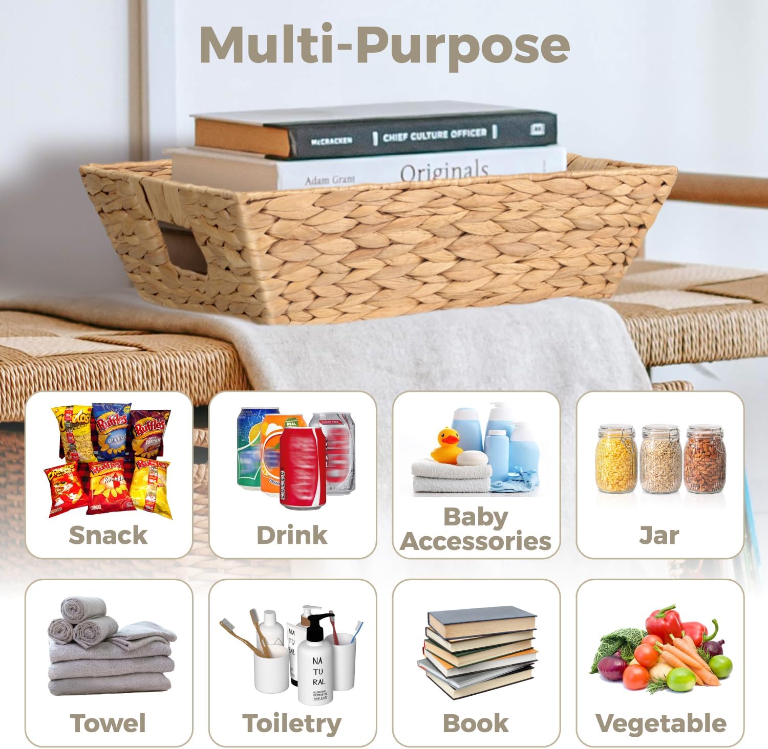 Set of 3 Snack Baskets, Water Hyacinth Basket, Wicker Snack Basket Organizer for Office, Small Wicker Baskets with Handles (3 Medium Basket)