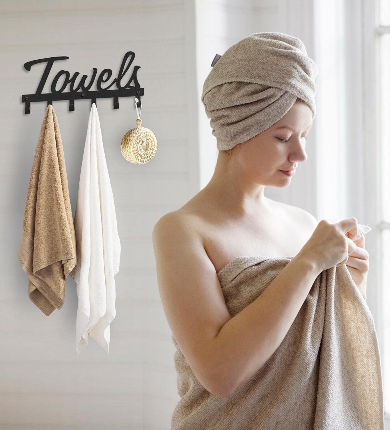 Livelab Towel Rack, Towel Racks for Bathroom Wall Mounted, 6 Hooks Black Metal Towel Holder for Bathroom Space Saving, Waterproof Rustproof Easy Install Bathroom Decor Towel Hanger Organizer - Image 4