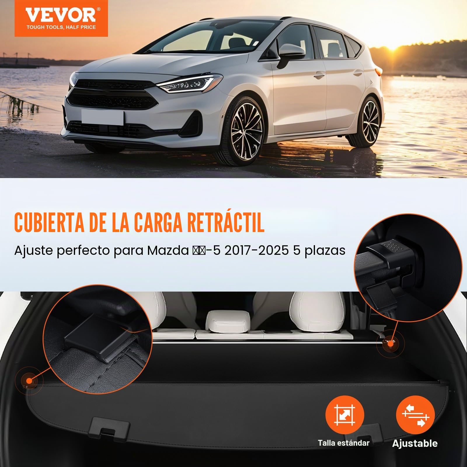 VEVOR Funda de Carga Retráctil Impermeable Mejorada, Protección de Seguridad para Mazda CX-5 2017-2025 5 Plazas, Resistente a los Rayos UV con Aleación de Aluminio, PVC, Textura de Cuero