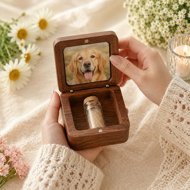 Foto 2 de 7 de HERSTL Recuerdo Personalizado con Pelo De Mascota Grabado, Caja Conmemorativa De Nogal Hecha A Mano