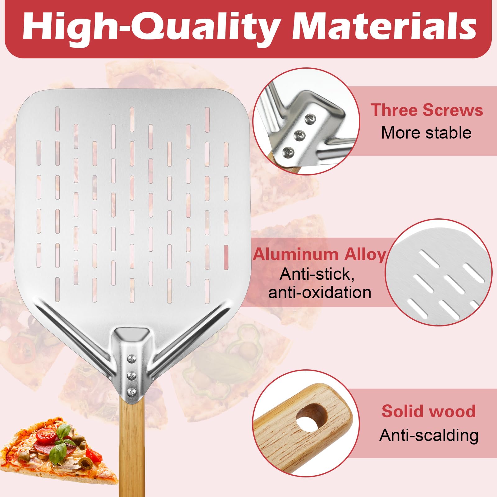 Pala Pizza, Pala para pizza perforada de 30 cm (12 pulgadas) y 39,5 x 30 cm. Pala profesional de aleación de aluminio con amplia superficie y extraíble Plateada