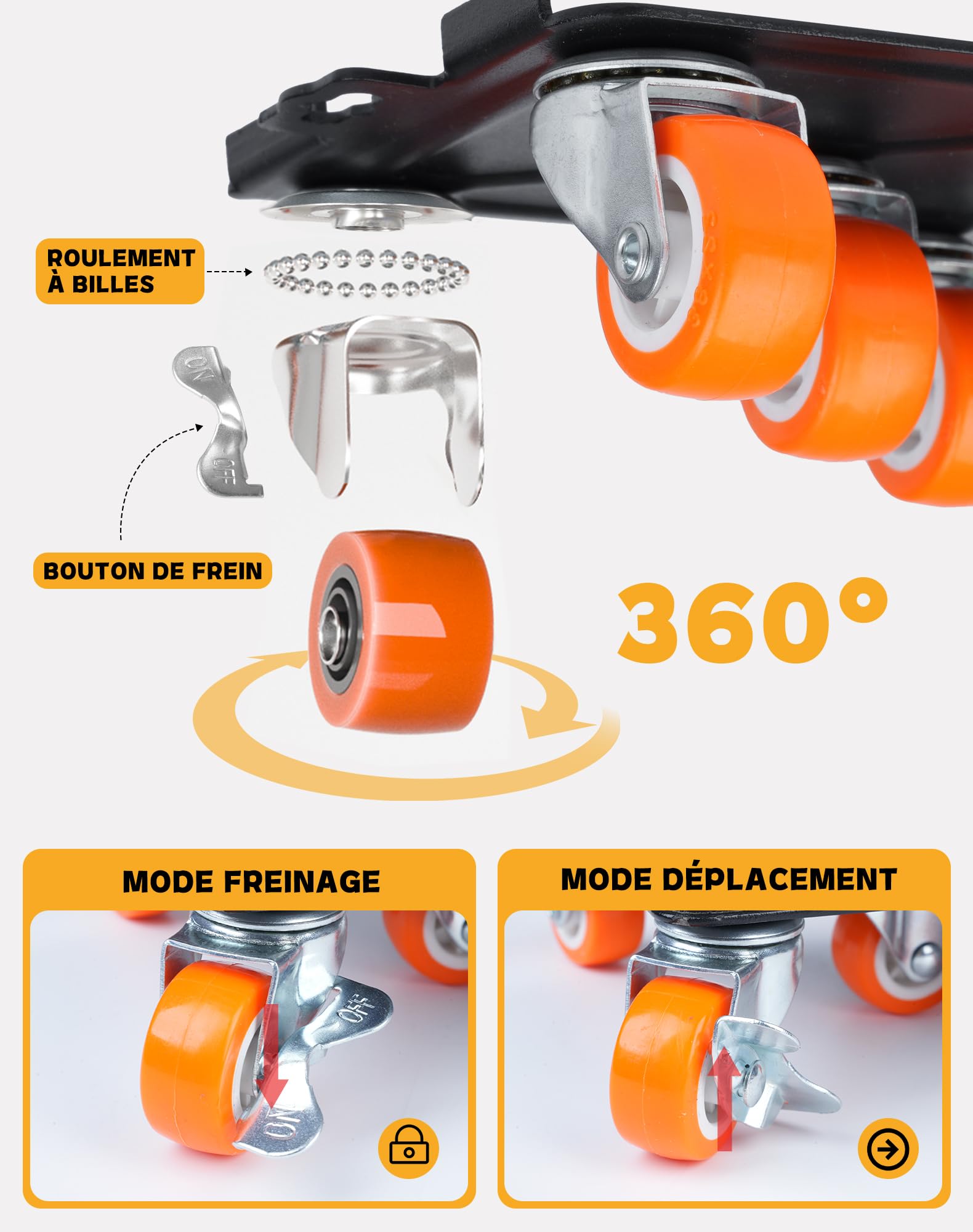 Kit de Roulettes pour Meubles, 4 Roulettes à 5 Roues avec Frein et Lève-Meuble, Charge jusqu’à 750 kg, Roulette Demenagement pour Réfrigérateur, Machine à Laver, Armoire et Canapé