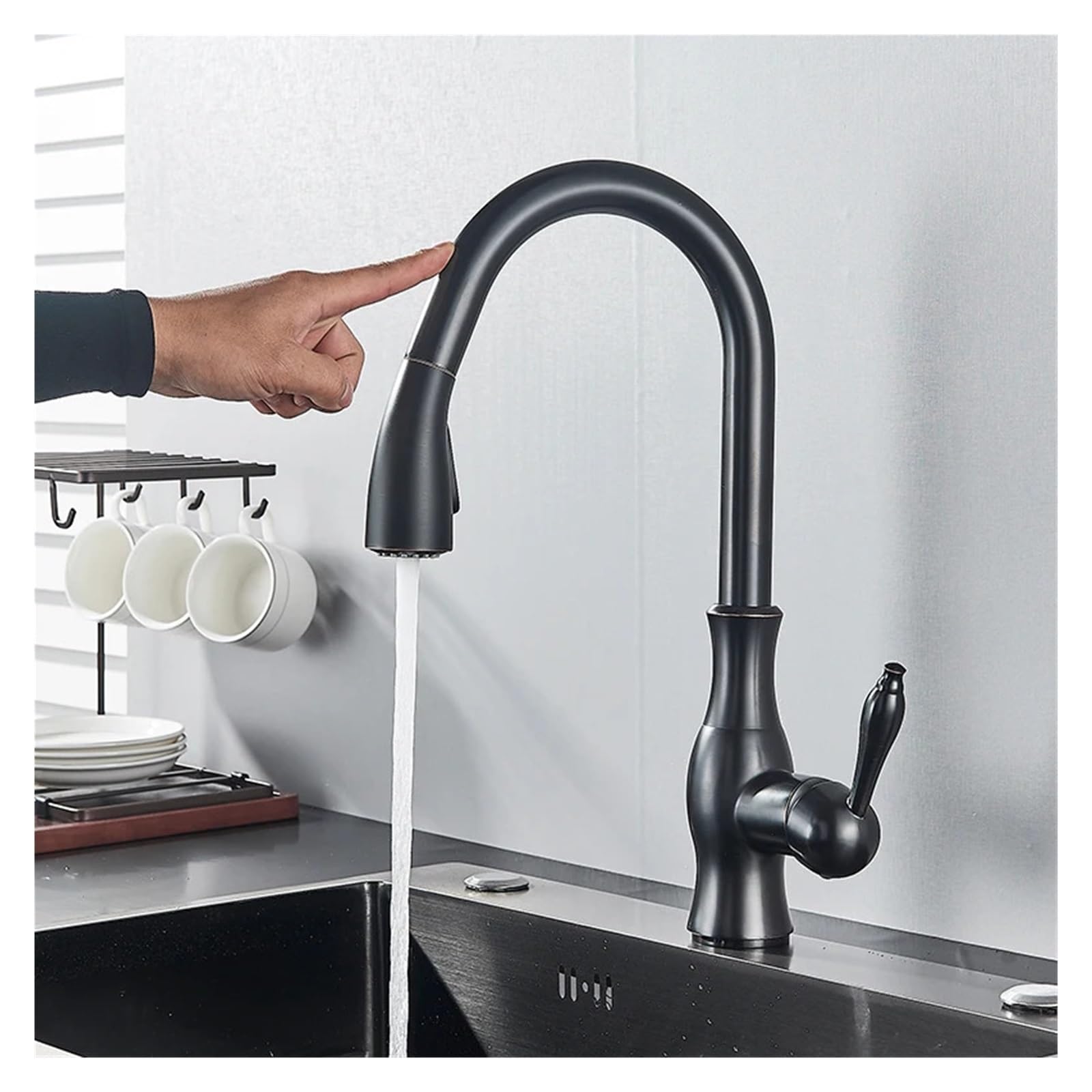 Grifo de cocina minimalista negro con rotacion total y diseño