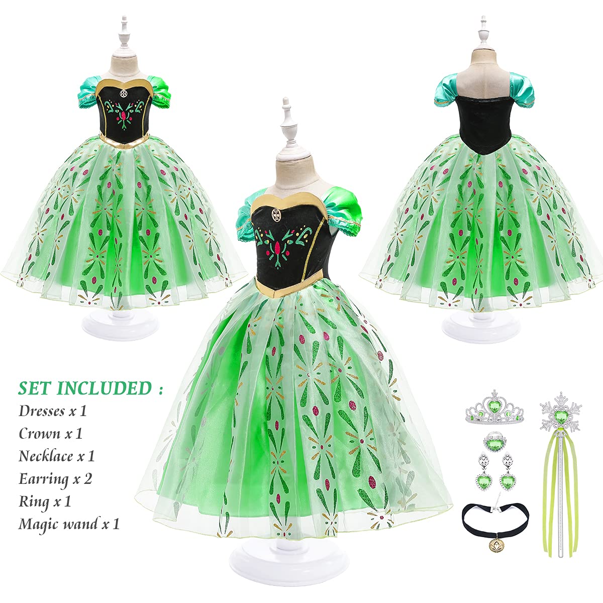 URAQT Bambina Abito da Principessa, Costume Vestito Ragazza Bambina Principessa, Abito da Principessa Costume, con Corona Bacchetta Anello Orecchino