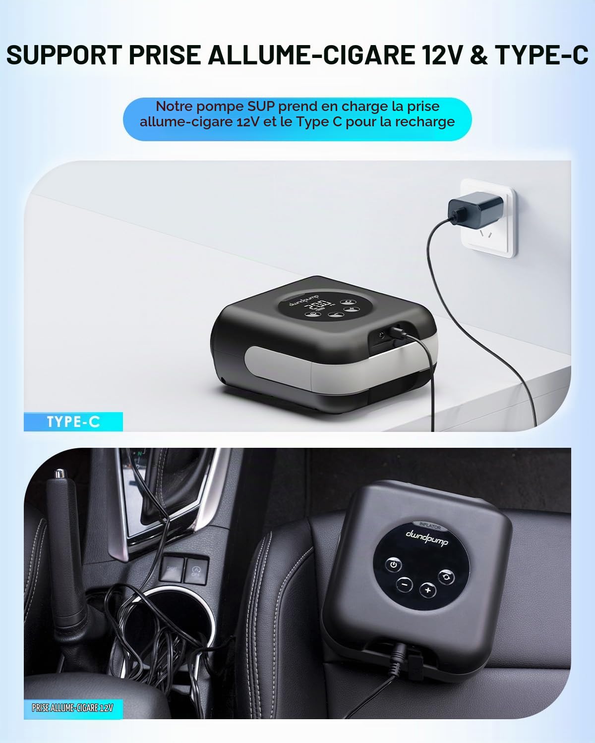 Pompe Sup Rechargeable 20PSI, air sans Fil 4000 mAh -12V connecteur Voiture, compresseur Double étage de gonflage/dégonflage, Pompe à Kayak