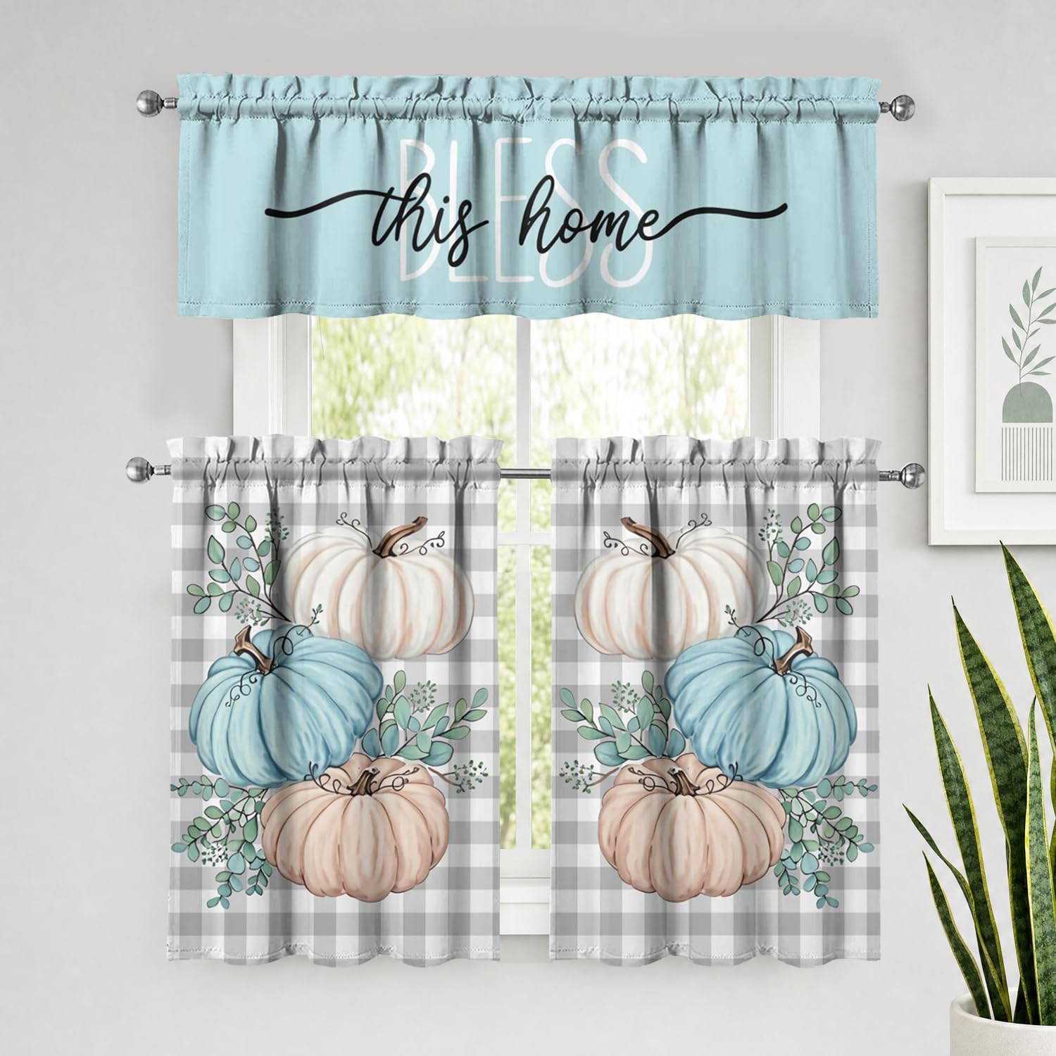 Fall Pumpkin Kitchen Curtains 3 Piece Set Tier Valance