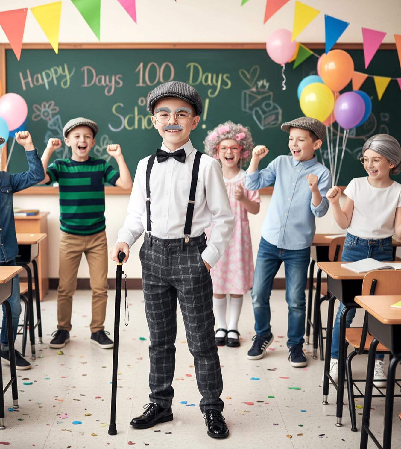 Old Man Costume for Kids–100 Days of School Costume with Hat,Glasses,Suspenders & Cane - Image 7