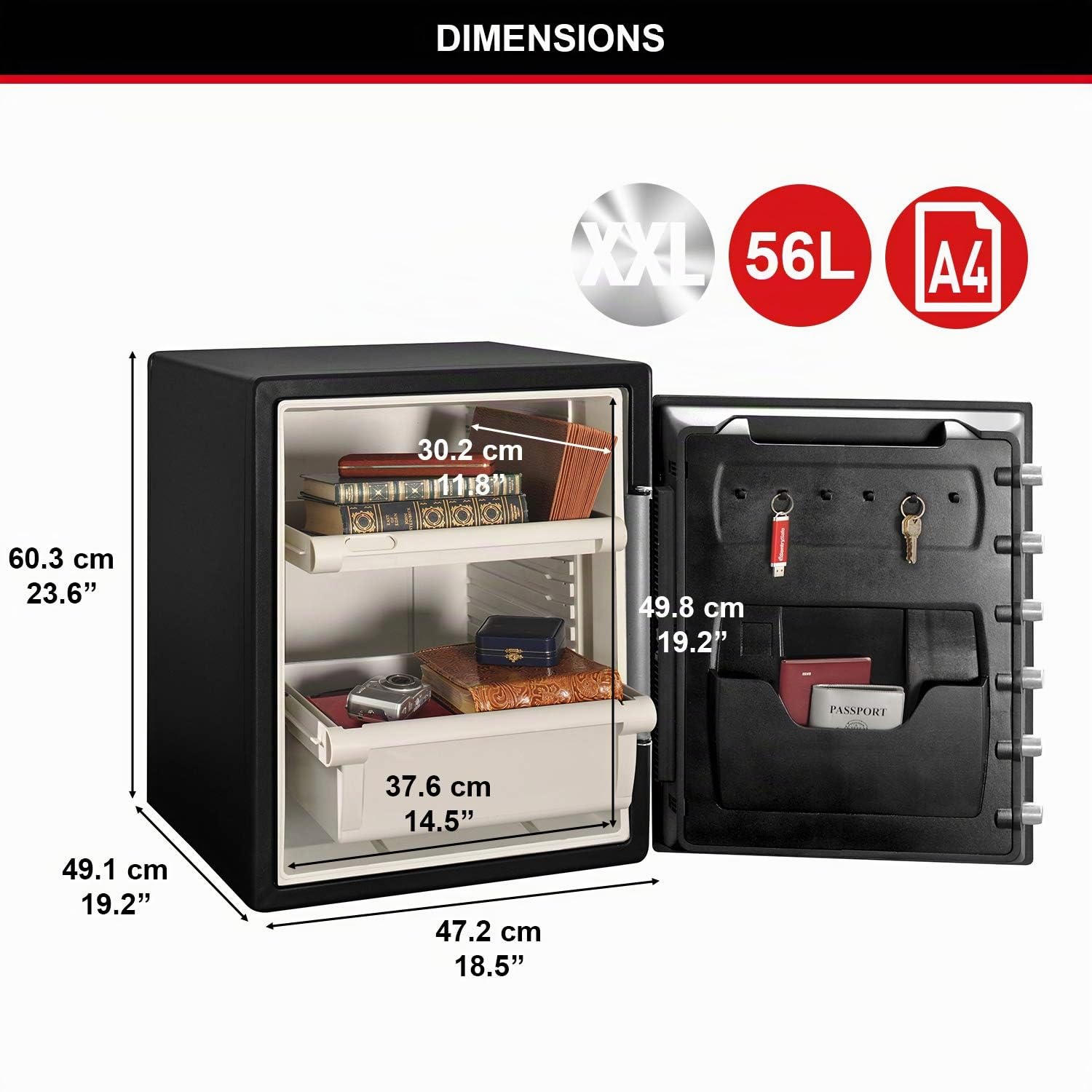 Master Lock Coffre Fort Anti Feu et Etanche à Code et Alarme, triple protection - vol, incendie et inondation, Combinaison Electrique, 56.6L, 60.3 x 47.2 x 49.1 cm