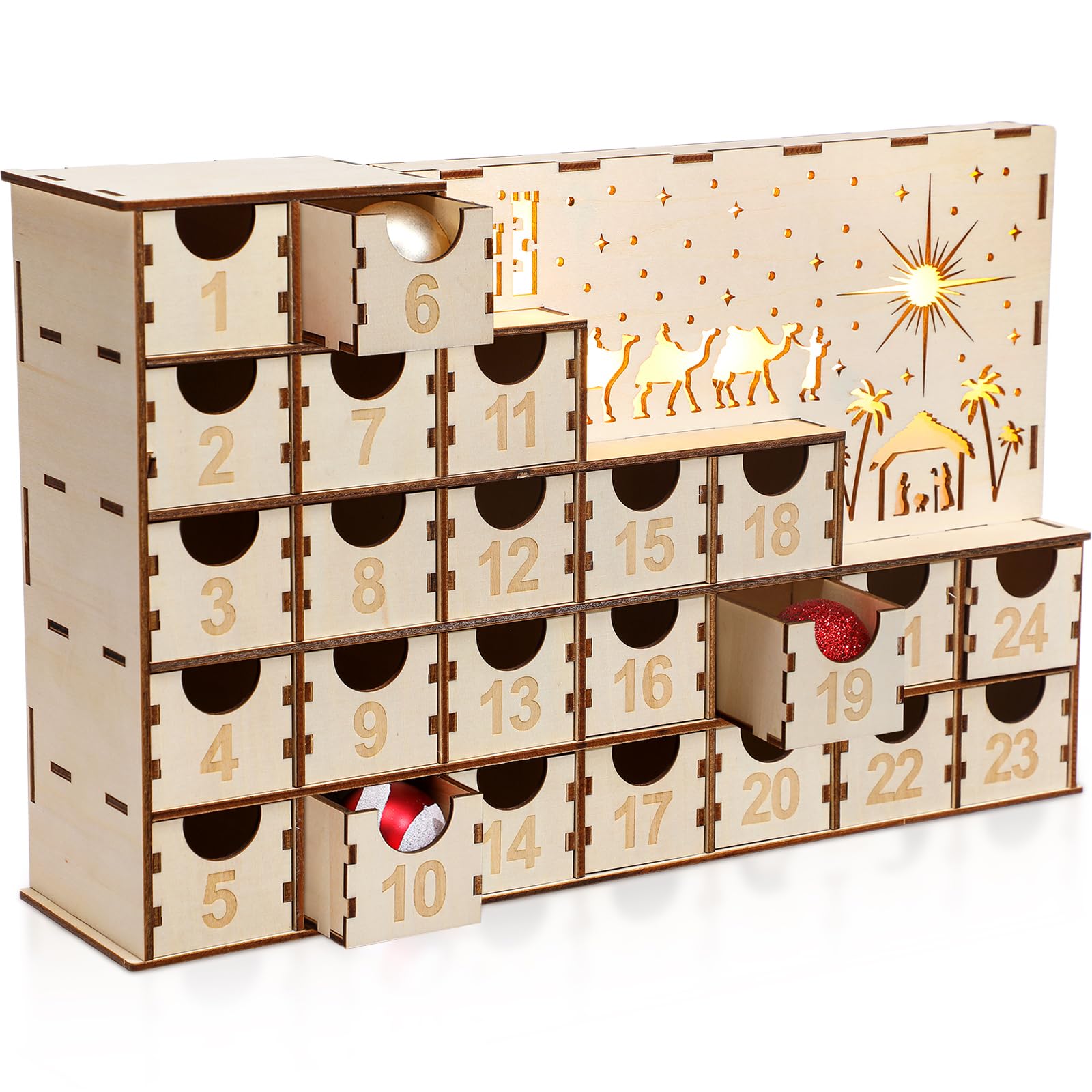 Nuanchu 24 Tage Adventskalender mit 24 Schubladen beleuchtet Holz DIY Countdown bis Weihnachten Kalender Krippe Dekoration Weihnachten Desktop Organizer Xmas Holz Handwerk 35,8 x 21,6 x 7,6 cm
