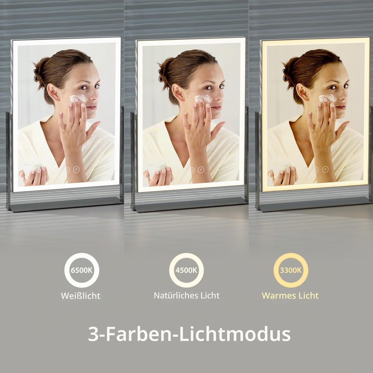NEZZOE Wiederaufladbarer Schminkspiegel mit Beleuchtung, 3 Farbmodi, LED Makeup Spiegel mit 360° Drehung, Metallständer, 35cm rechteckiger Kosmetikspiegel mit Beleuchtung, Tischspiegel