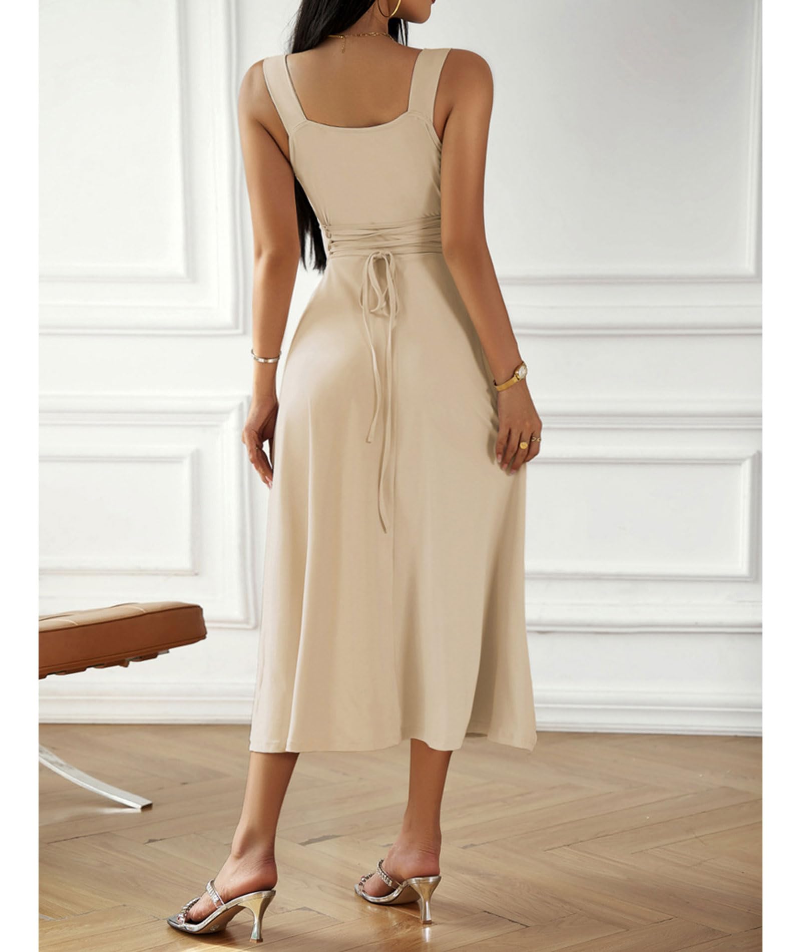xxxiticat Abito da donna elegante midi 2024 casual, senza maniche, scollo quadrato, linea ad A, abito da cocktail
