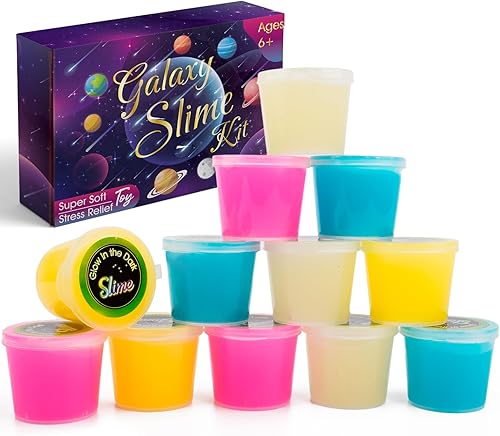 Miniatura 8 de Paquete de 12 kits de slime de galaxia que brilla en la oscuridad, recuerdos de fiesta para niñas y niños, juguete de alivio del estrés para bolsas