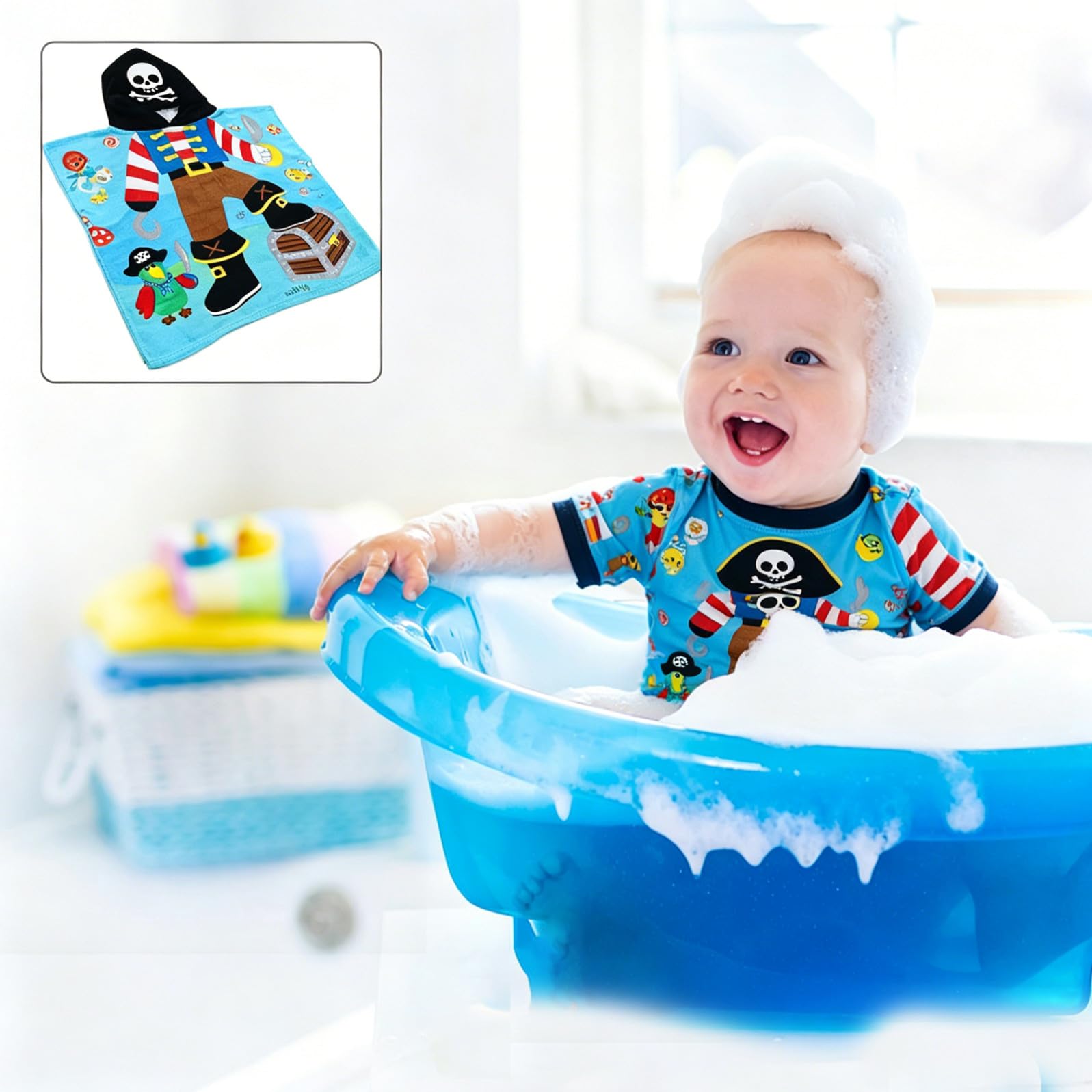 Artibetter Kinderbademantel Atmungsaktiver mit Kapuze aus Baumwolle Saugfähiges Badetuch mit Sommer Piratenmuster Weicher Badeponcho für Junge Mädchen und Jungen