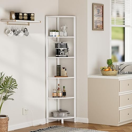 Miniatura 9 de Furnulem Estante esquinero de 6 niveles con luz LED, organizador de estante de pie de 67.5 pulgadas de alto, estantería estrecha blanca con estante