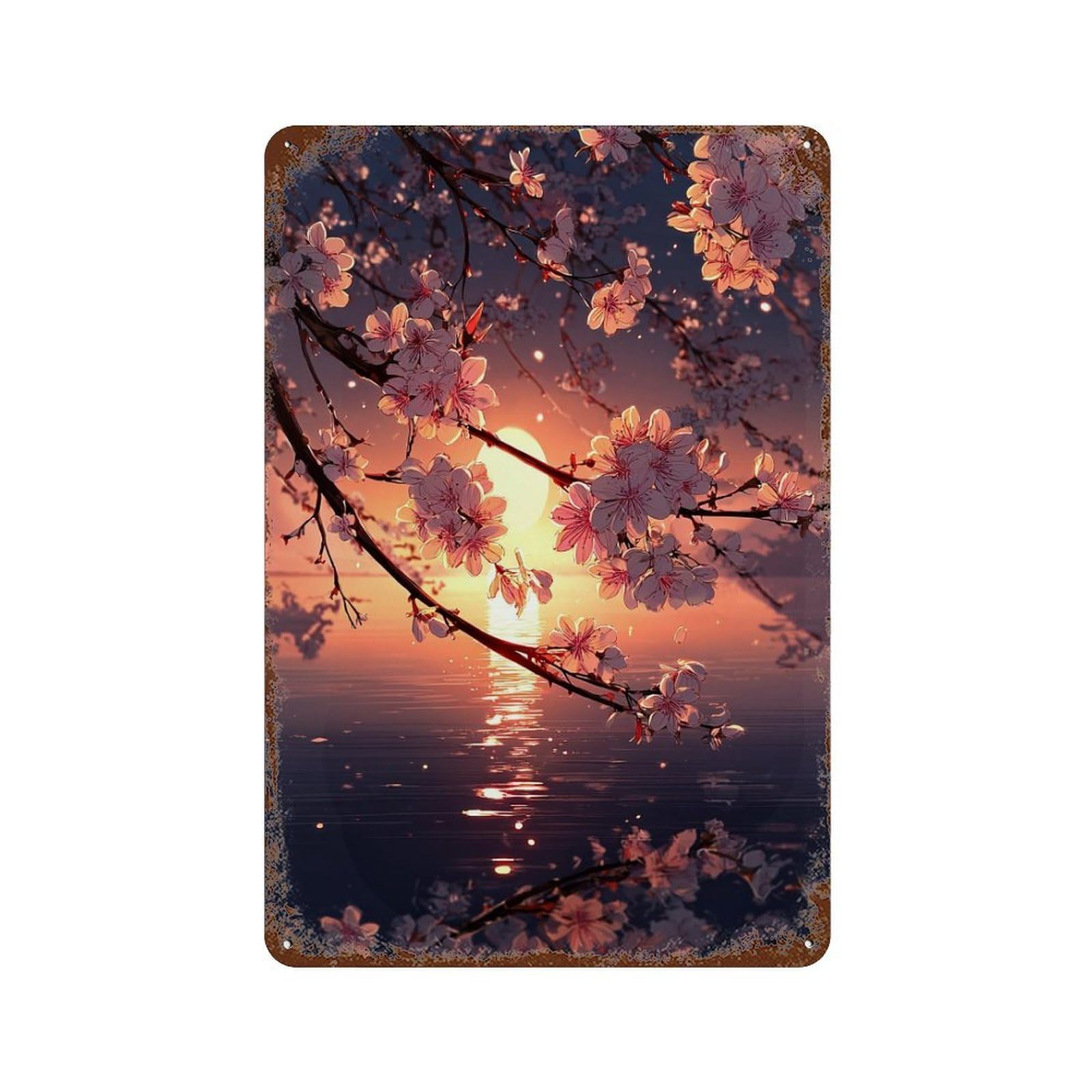Cherry Blossom Sunset Retro Metal Sign 11.8"x7.9", Vintage Wall Decor for Office, Studio And Wall Decor