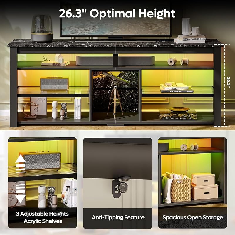 Bestier TV Stand for 70 inch TV, Tall Entertainment Center with 2 Led Lights, Gaming TV Console with Storage for PS5, Modern TV Cabinet for Bedroom, Living Room, Black Marble image 6