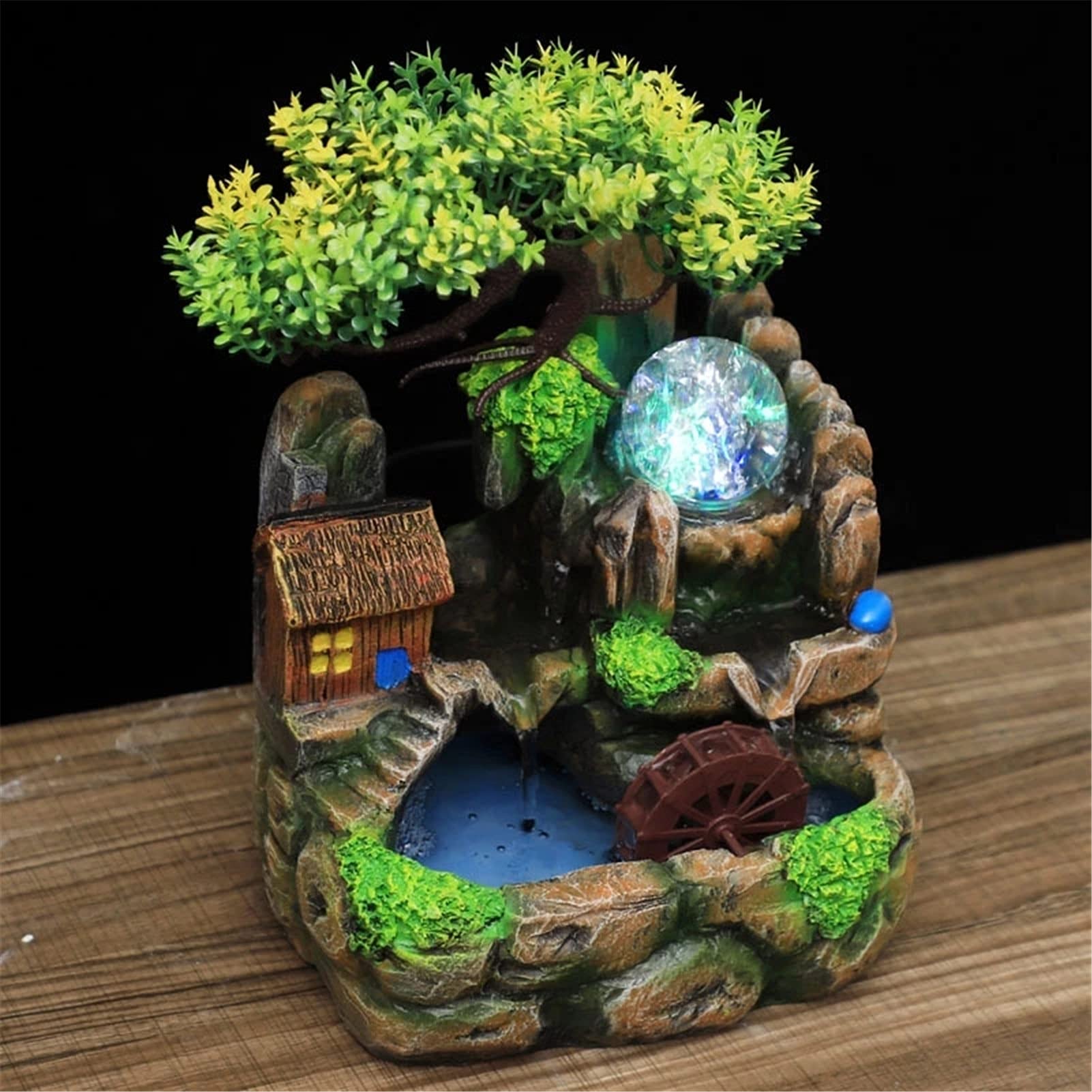 Fuente de mesa decorativa para interior, fuente de agua con cascada, de resina, diseño de árbol, con iluminación LED, Feng Shui Zen, decoración para salón, dormitorio, oficina, 20 x 16 x 27 cm