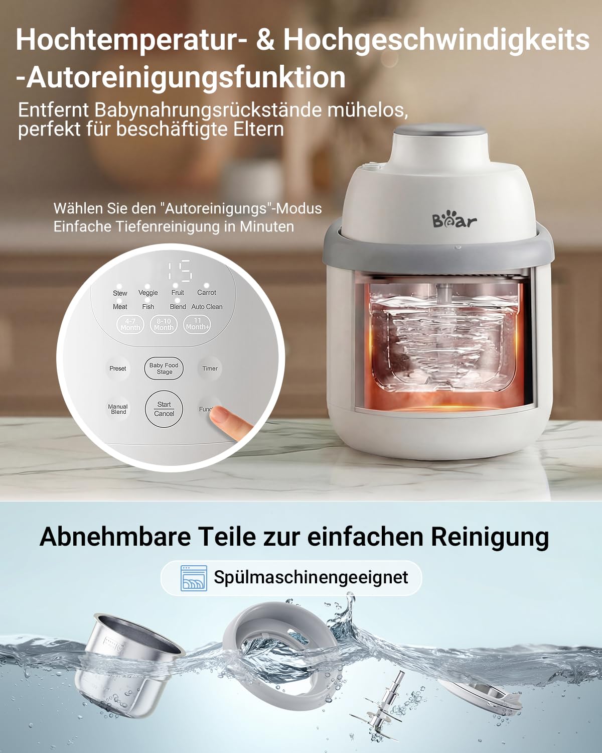 Bear NutriEase AllStage Baby Food Maker Edelstahl, OneStep Automatisches Kochen & Zerkleinern BPA-frei