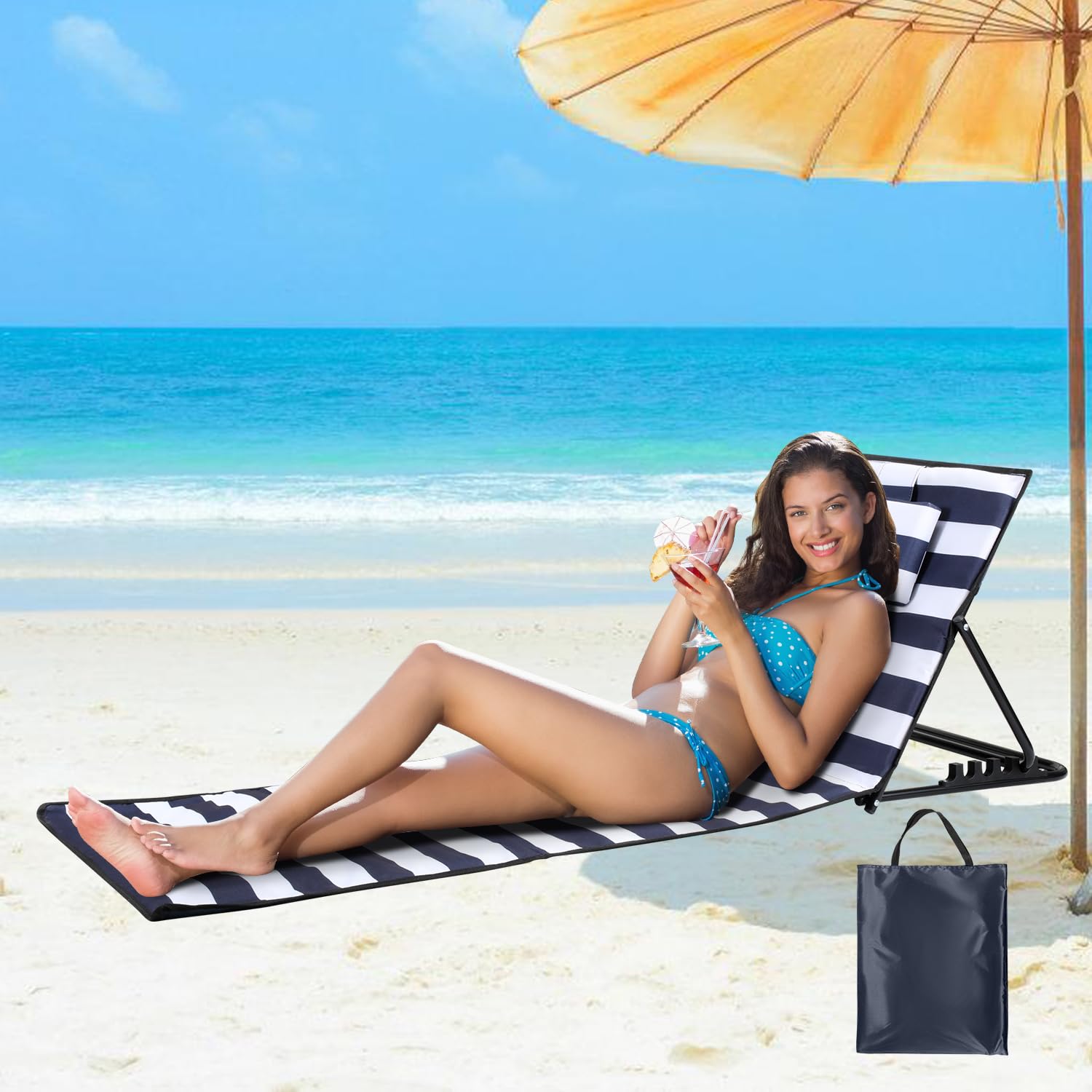 Colchoneta de playa plegable, acolchada, tumbona de playa con bolso, compartimentos de almacenamiento, cojín integrado con ajuste de 5 velocidades, tejido resistente al desgaste (158 cm,
