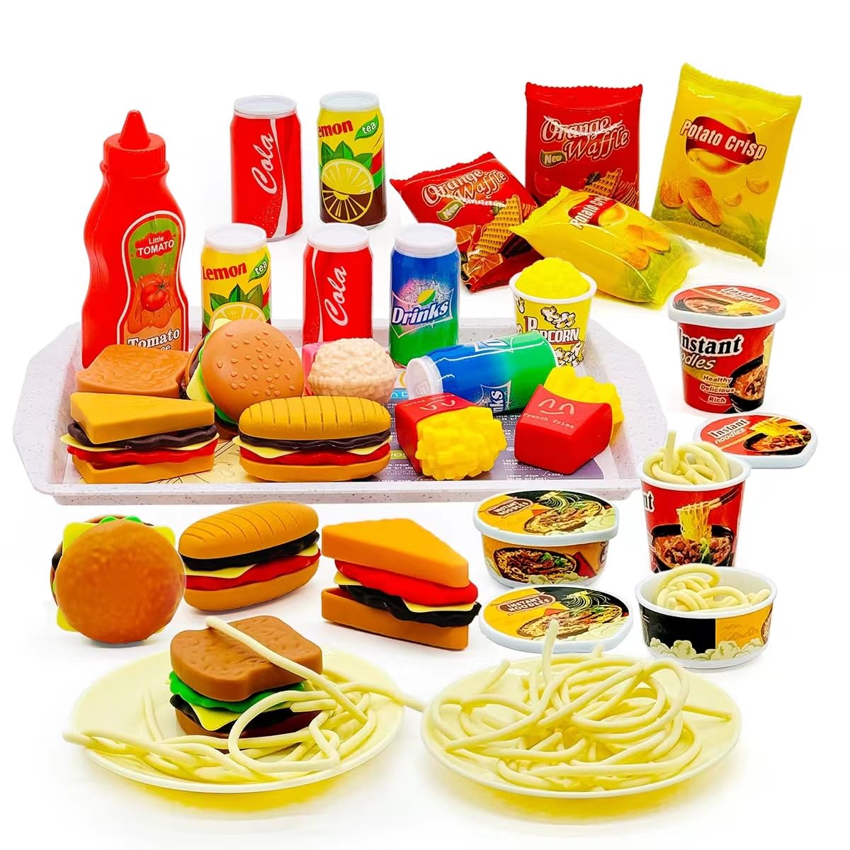 Juego de mini alimentos de cocina para niños, hamburguesas, papas fritas, fideos con bandeja, juego de casa, accesorios de cocina, juguetes de rol, regalos de cumpleaños para niños y niñas de 3, 4, 5