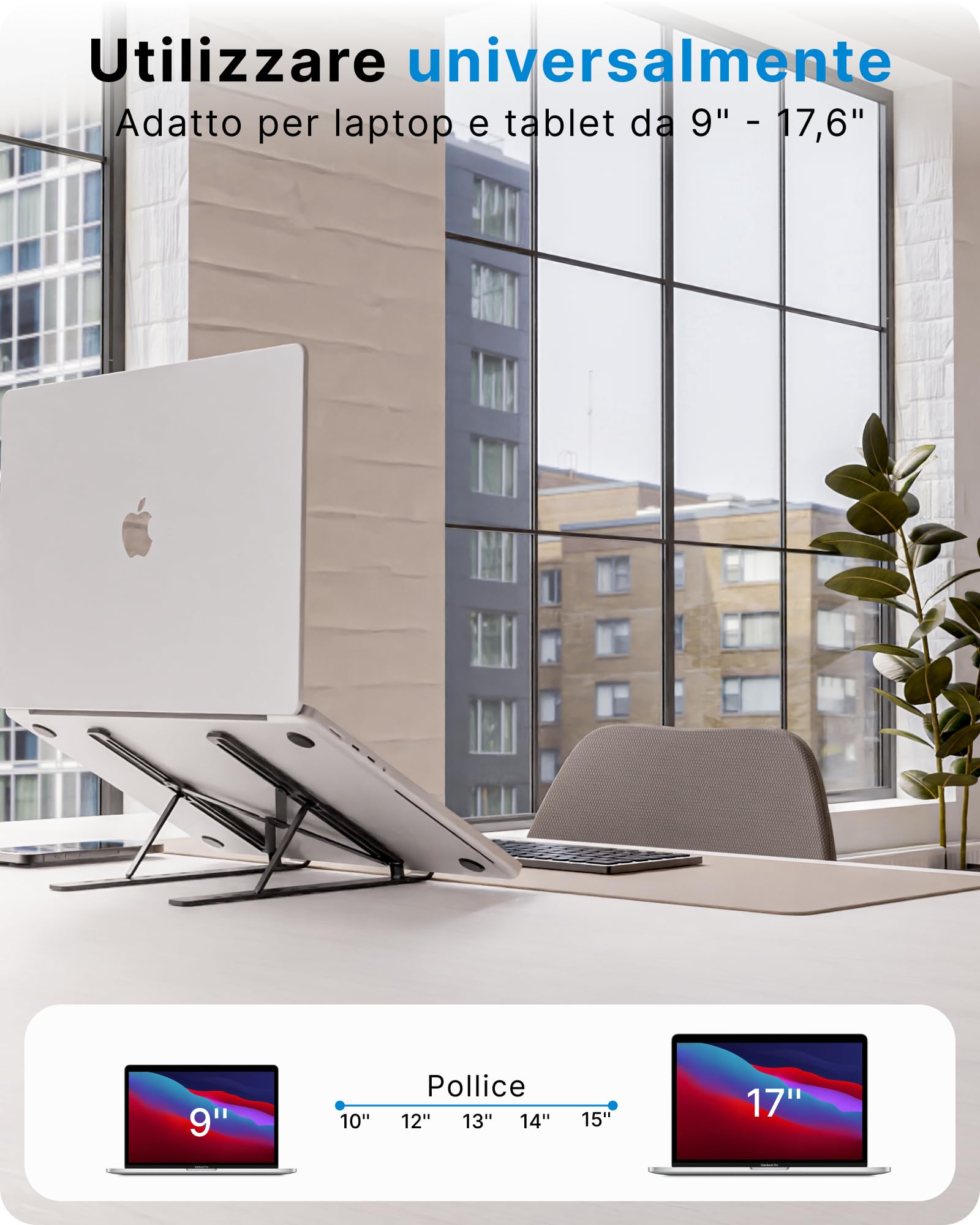 Supporto Laptop Regolabile In Alluminio - 6 Altezze, Per PC 9-16 Pollici, Argento - Foto 9