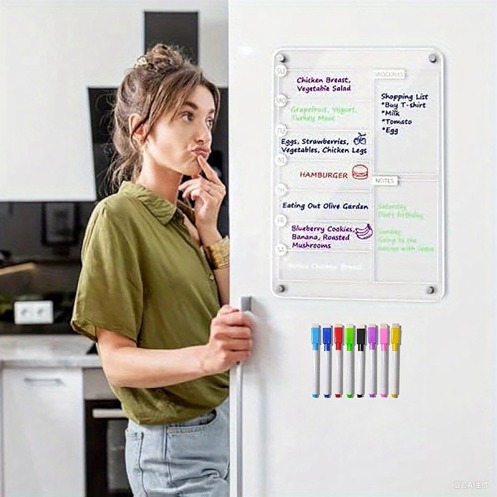 Acrylic Meal Planner, Magnetic Whiteboard Weekly Planner with 8 Markers, Erasable Note Board for Shopping List, Chore Chart