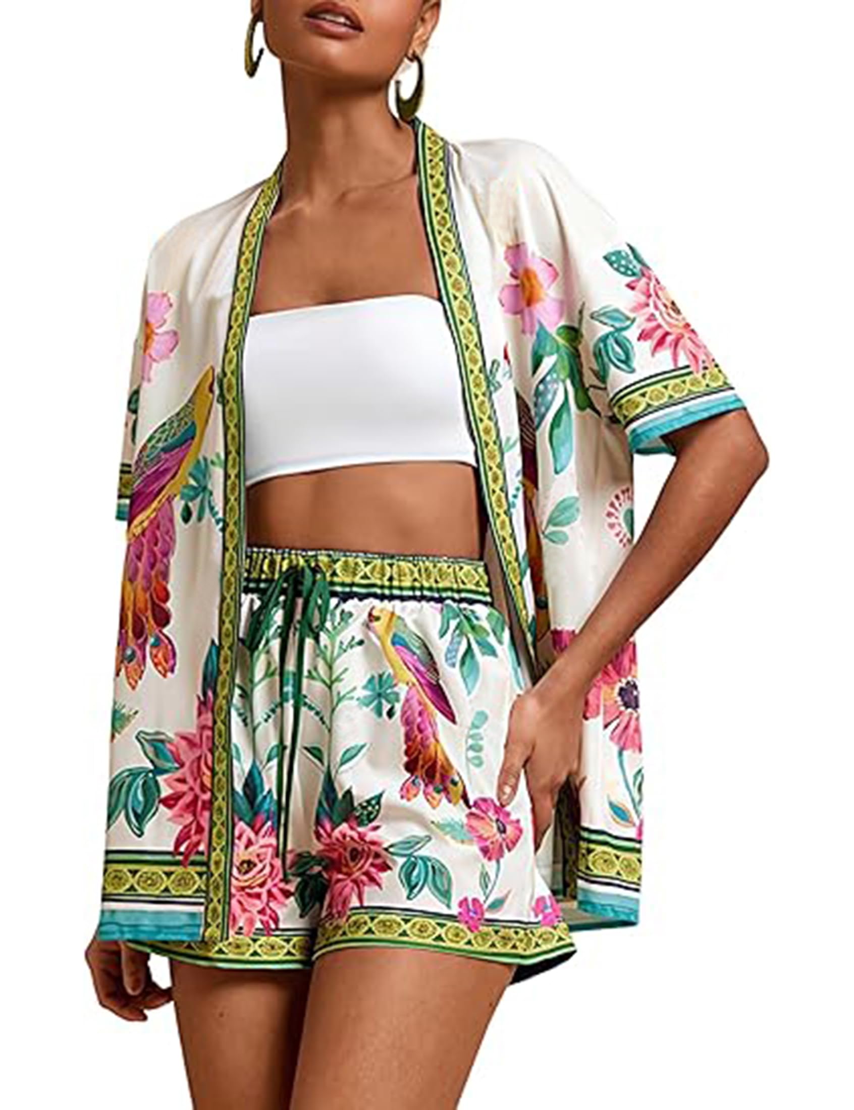 TUREAU Women Boho Tropical Print Beach Cover Up Shorts Set 2 Piece Summer Lounge Outfit Lightweight Swimwear Matching Outfit