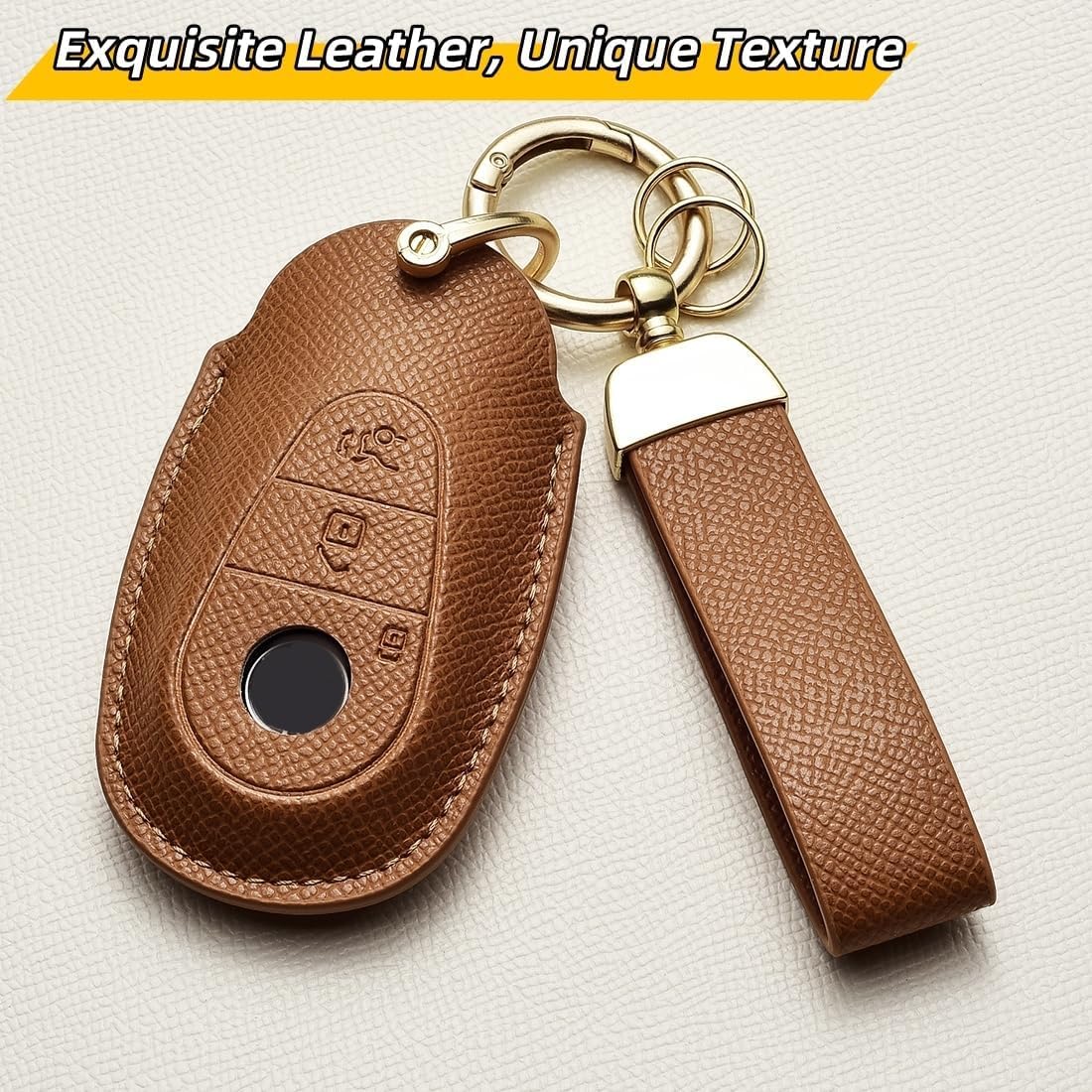 Key Fob Cover for Mercedes Benz, Premium Leather Car Key Cover Case with Keychain for C E M S CLS CLA GLK GLA GLC GLE AMG Class (White) - Image 4