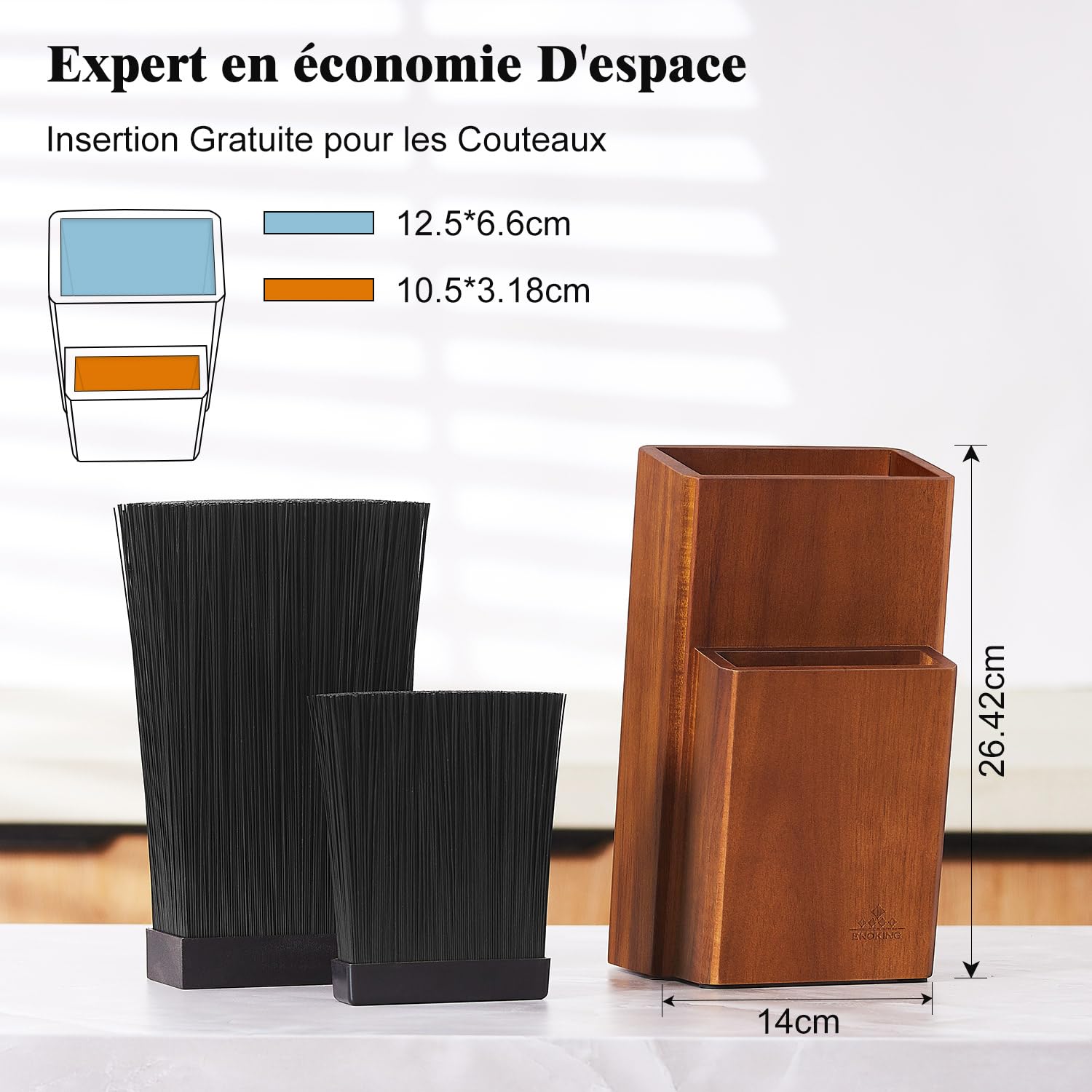 ENOKING Bloc Couteaux Cuisine, Porte Couteaux de Cuisine en Bois d'acacia, Range Couteaux de Cuisine avec poils en plastique Amovibles, Universel Support Couteau de Cuisine