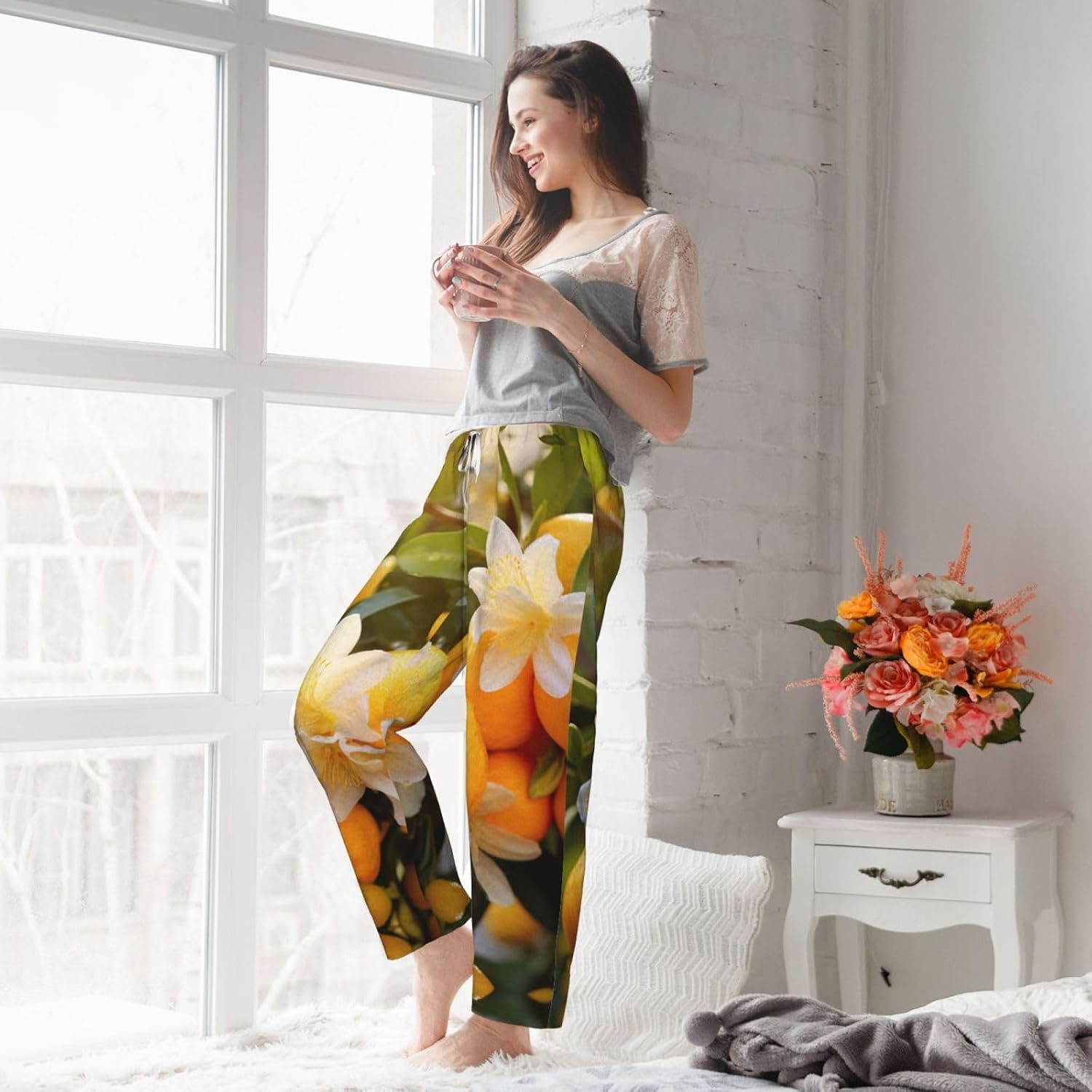 Yellow Blossom And Orange Fruits Print Fashion Cozy Womens Flannel Pajama Pants,Perfect For Christmas And Everyday Wear