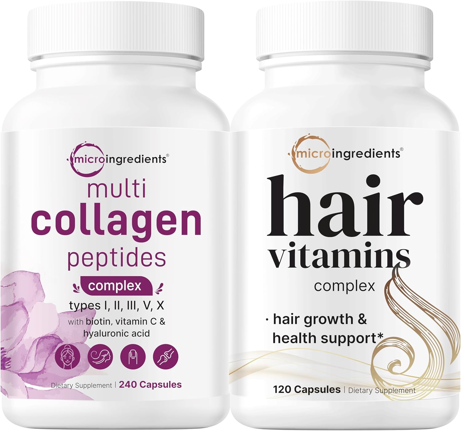 Micro Ingredients Multi Collagen Complex for Women & Hair Vitamins Complex Capsules Bundle 2 Pack | Grass-Fed Collagen Peptides | 14-in-1 Advanced Hair Growth Support