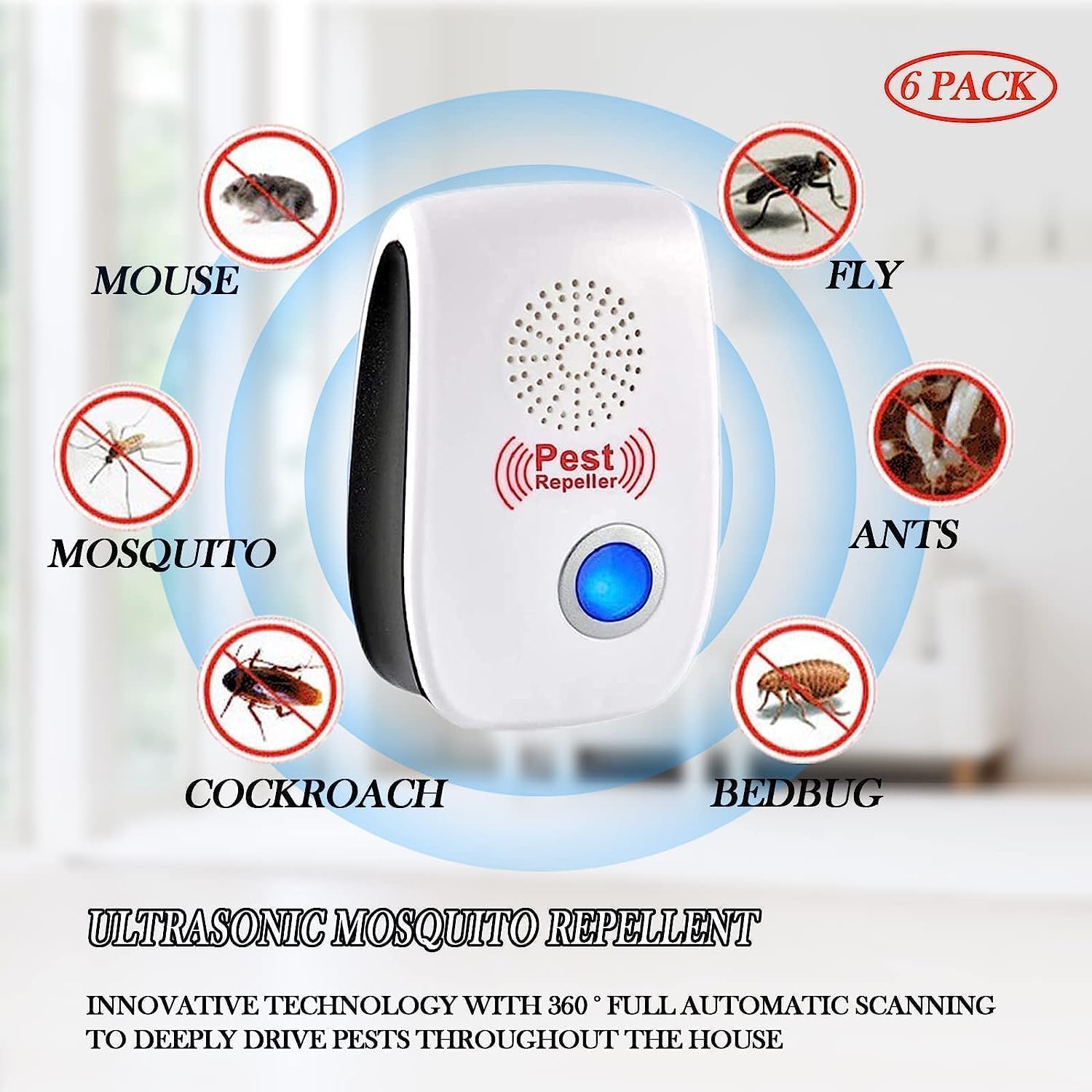Ultrasuoni Anti Zanzare, 6 Pack Ultrasuoni Mouse e Ratti & Insetti Repellente Elettronica, Repellente Ultrasuoni per Anti Topo, Ratti Formiche Ragni Zanzare