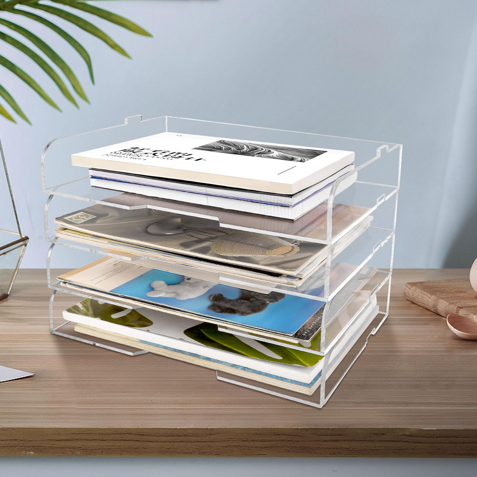 Paquete de 4 bandejas de papel apilables para cartas, revistero acrílico transparente y organizador de archivos, elegante organizador de escritorio para oficina en casa, estantería o espacio de