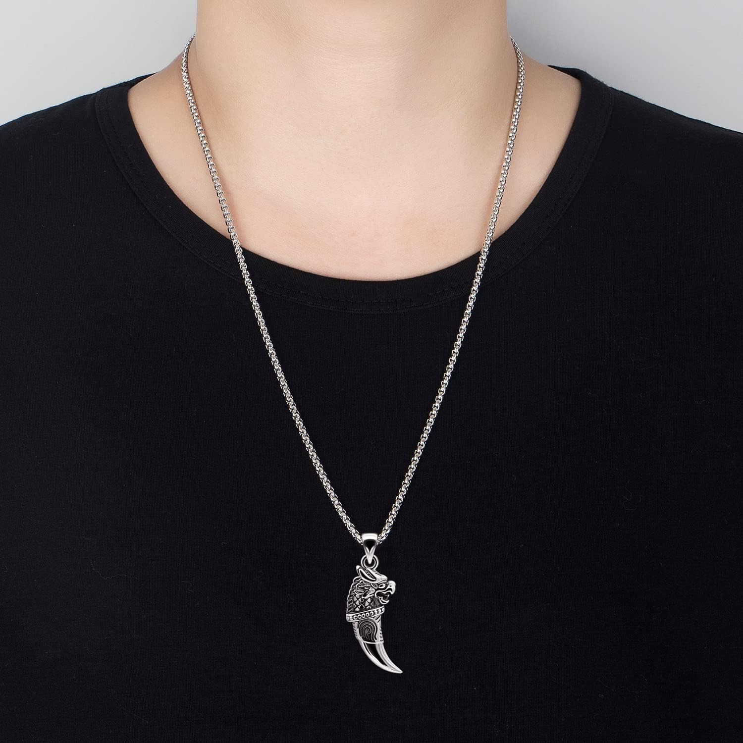 Dankadi Men 925 Sterling Silver Dragon Amulet Necklace Vintage Animals Tap Pendant Necklace -Wolf Spike Choker 3MM Box Chain18 20" 22 "26" 28" Jewelry Gift - Image 4