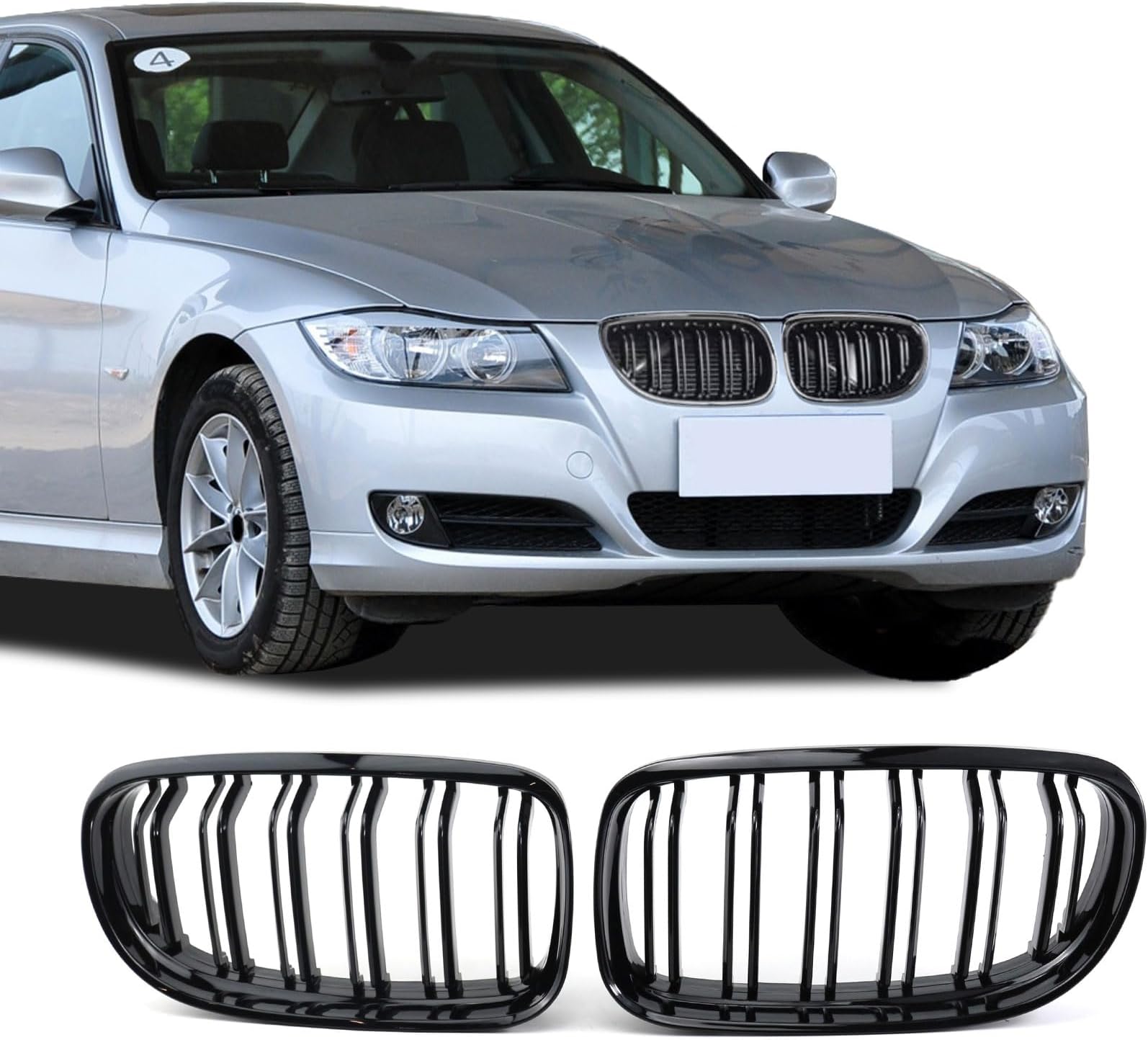 Gloss Black BMW E90 E91 Kidney Grille - ABS Double Slat Front Bumper Grilles For 3 Series 2009-2011