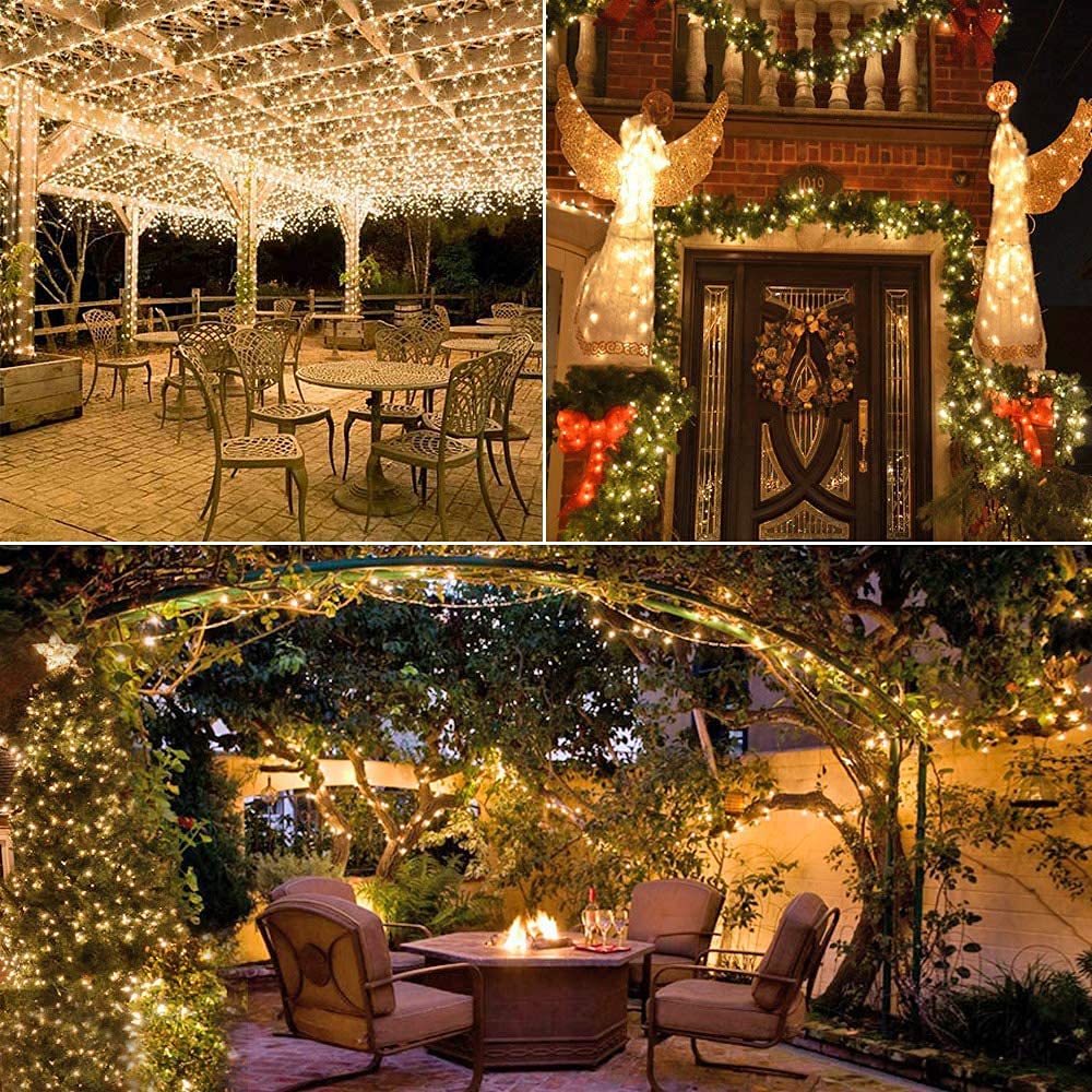 BrizLabs Luci Natale Esterno 10M 100 LED Catene Luminose Interno Impermeabile 8 Modalità Luce Stringa Filo Rame Lucine LED Decorazioni per Casa, Feste, Matrimonio, Terrazza, Balcone, Bianco Caldo
