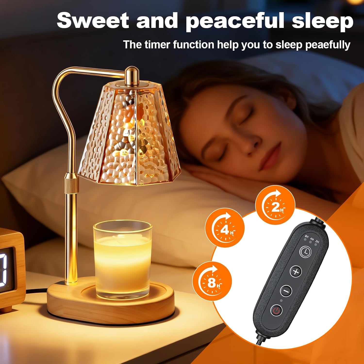 Luxury Brown Candle Warmer Lamp with Timer Dimmer & Height Adjustment, 2 Bulbs, Jar Wax Melts Warmer, Birthday Housewarming Gifts for Her, Bedroom New Home Decor Essential (Gold Colored Logs)