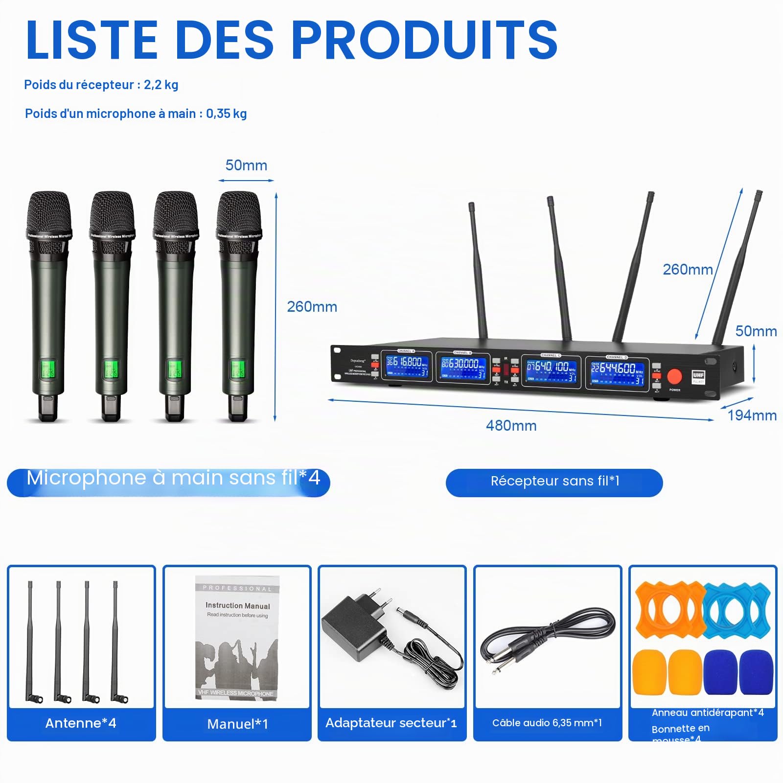 Microphones sans fil Depusheng portable dynamiques 4 canaux, kit karaoké, réception 100 mètres, idéal scène mariage