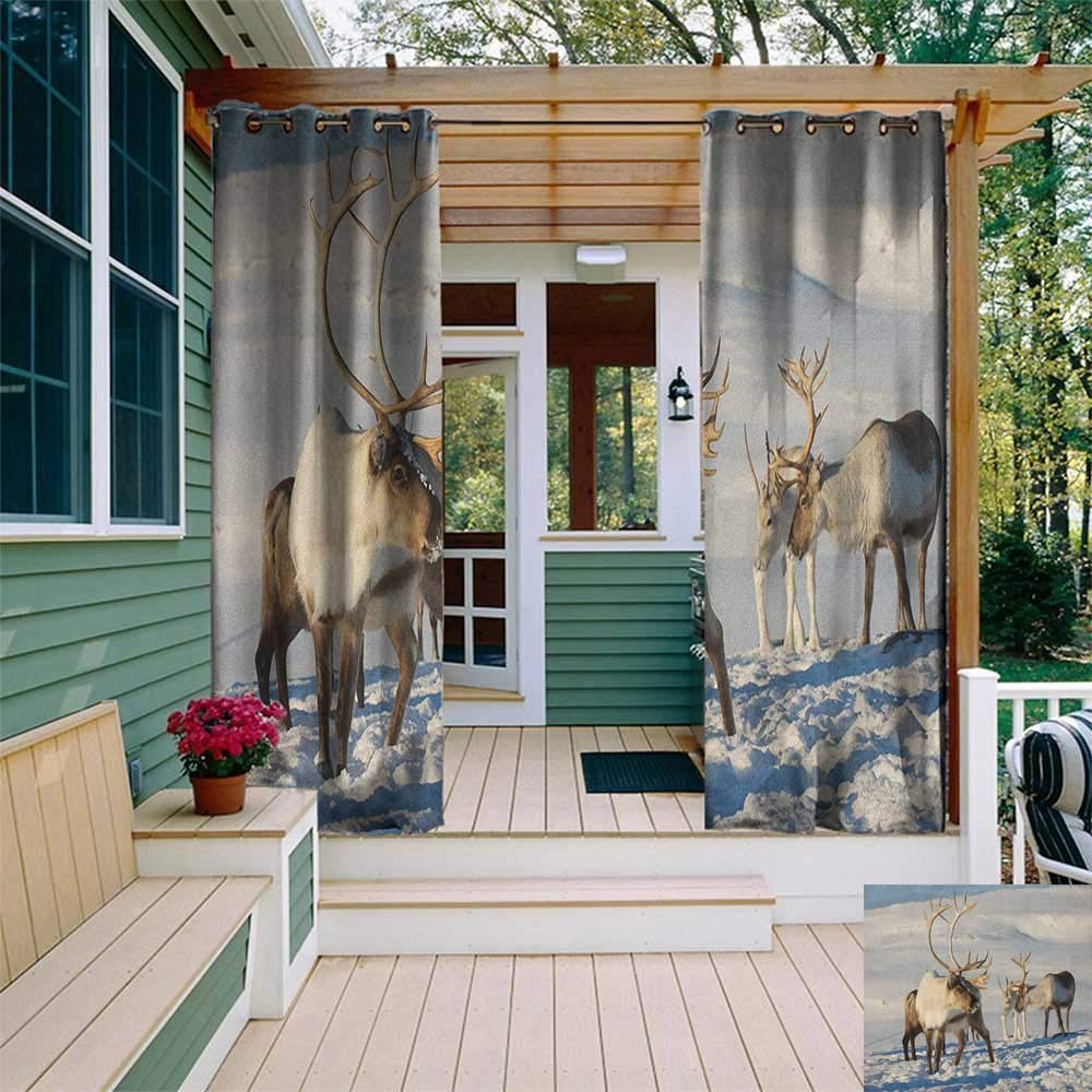 Winter, Outdoor Curtain Pole, Reindeers Natural Environment Tromso Northern Norway Caribou Antler Wildlife, for Balcony W96 x L108 Inch Brown Ivory Blue