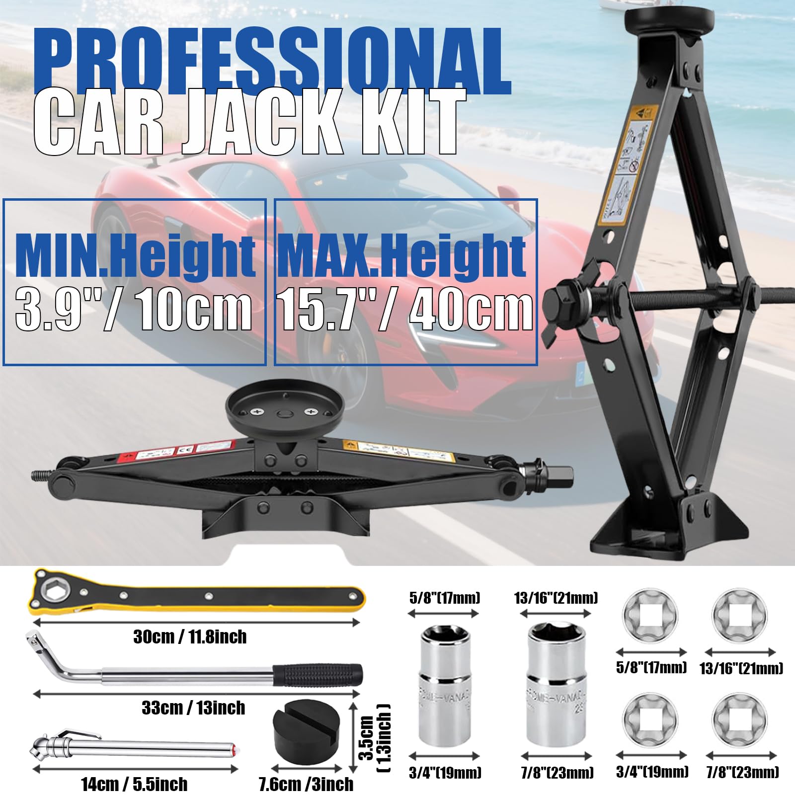 Gato de tijera para automóvil de 2.5 toneladas (5500 libras), kit de gato universal multiusos con almohadilla de goma, kit de cambio de neumáticos de repuesto portátil para sedán, SUV, MPV