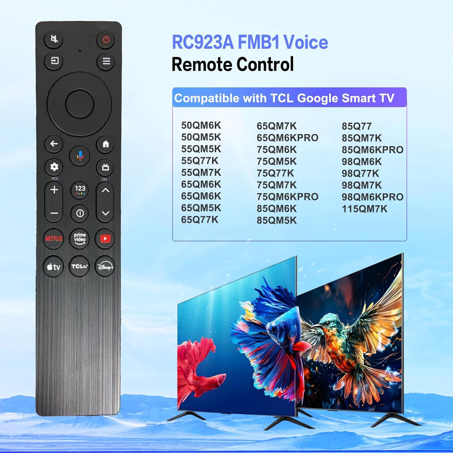 RC923A FMB1 Voice Remote Control Replacement Compatible for TCL Smart TV QLED QLED Mini Google TV's, Series Q77K ，QM6K，QM5K