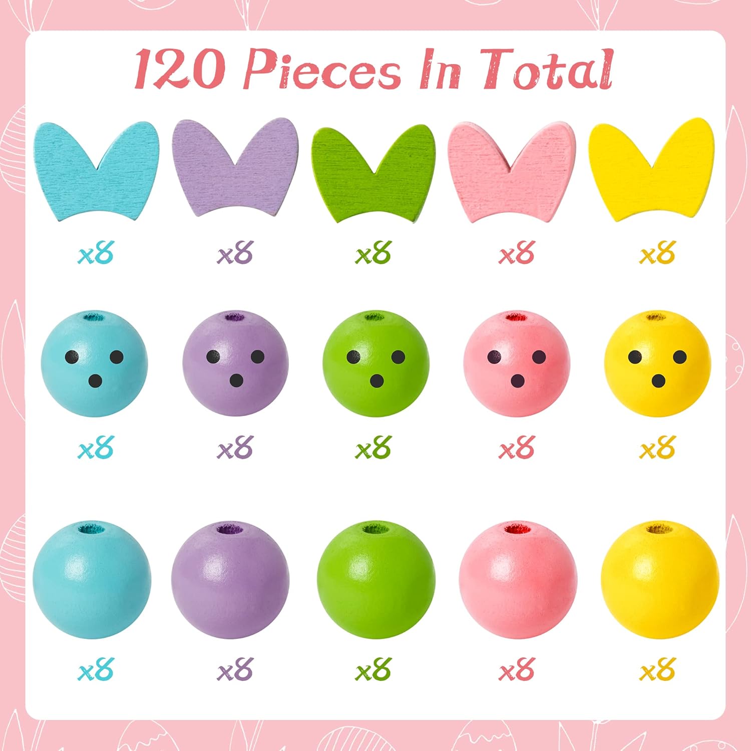 Eartim Easter Bunny Wood Beads Craft - 121Pcs Colorful Rabbit Round Beads with Twine Rustic Farmhouse DIY Natural Wood Craft Kit for Kids Happy Easter Day Party Hanging Ornament Decoration Supply - Image 2