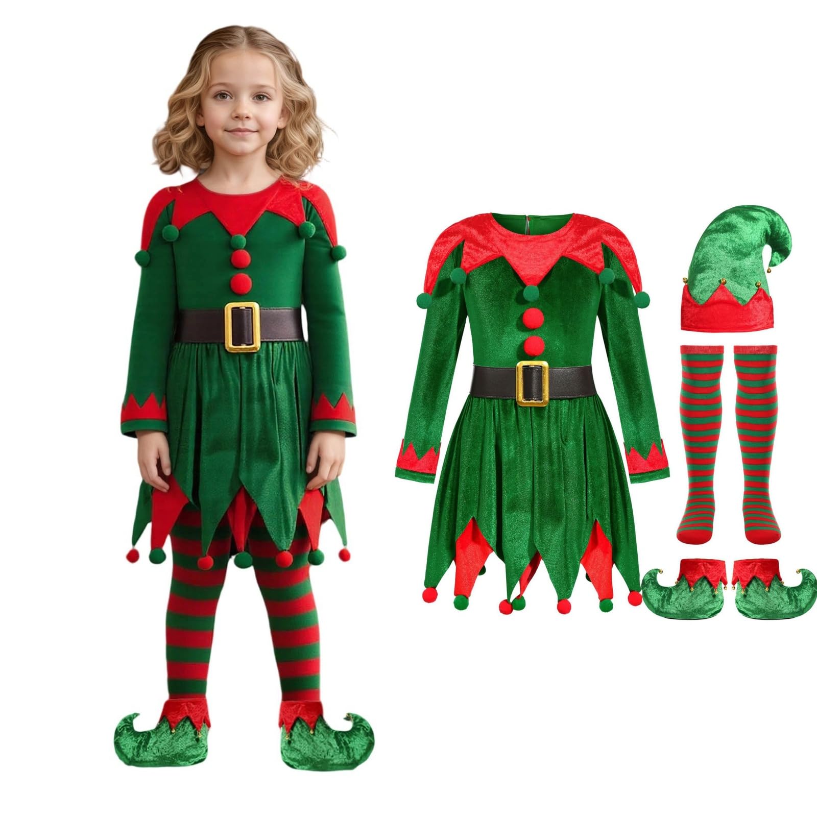 Kids Elf Costume, Boys & Girls Christmas Santa's Helper Fancy Dress Velvet Party Outfit, Cheeky Elves Dress Up Including Green Top, Red Trousers, Elf Hat, Belt, Boots & Long Striped Socks