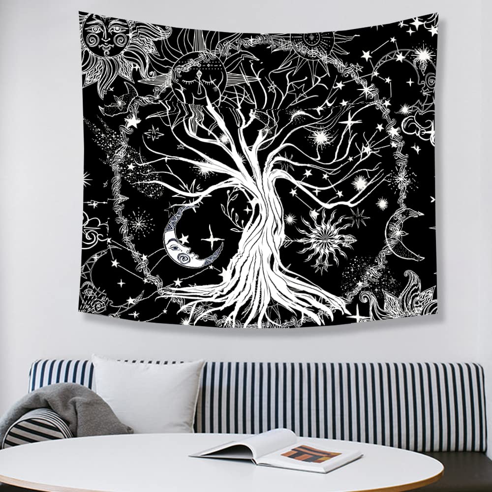 Sun And Moon Tree Tapestry - Wall Black And White Bedroom night Art Hanging Home Decor Aesthetic For Dorm Tablecloth,Sofa Cover,Bedspread,Curtain For Room And Window,Teen Girls,Christmas Gifts（30*40）