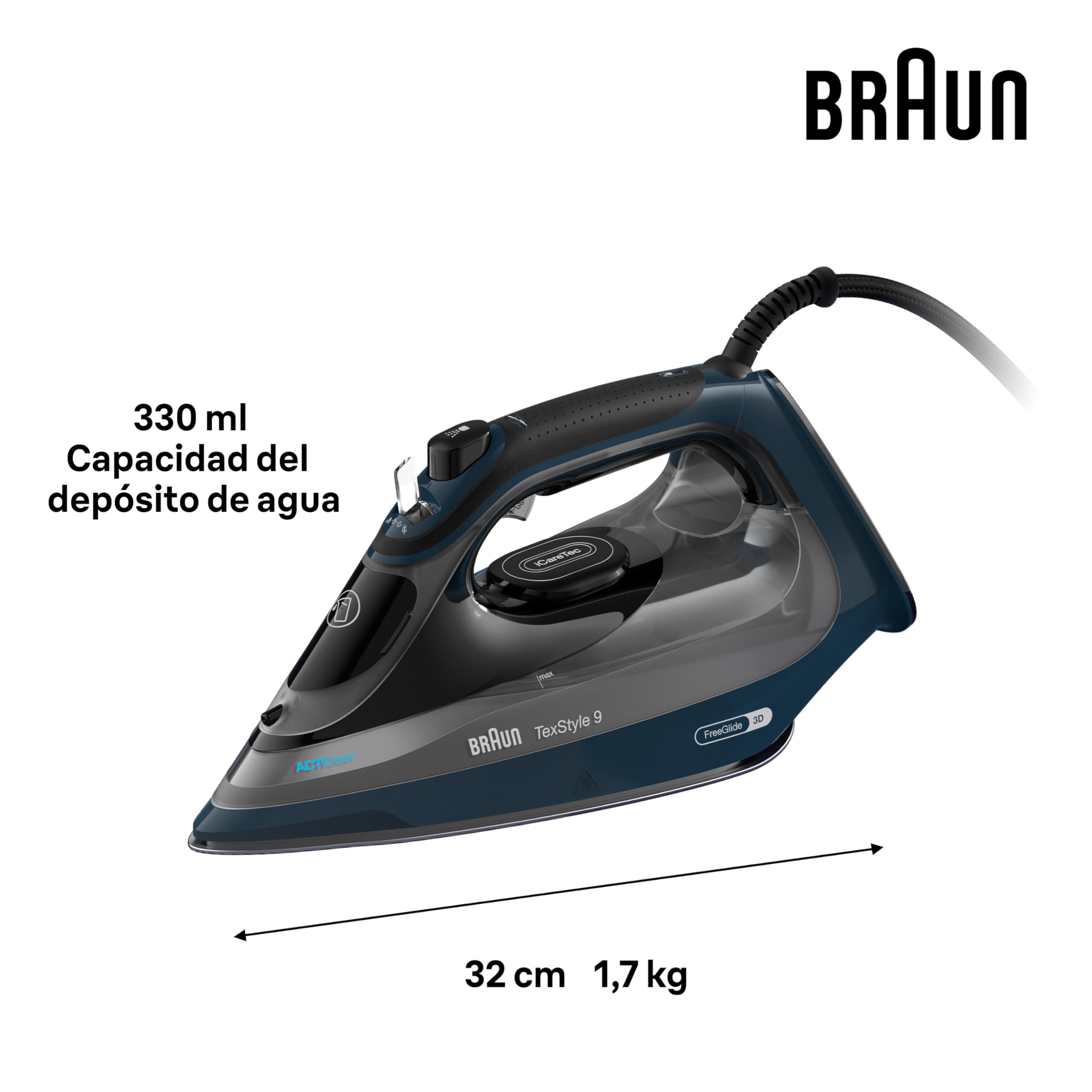 Braun TexStyle 9 SI9682 DB - Plancha de vapor con tecnología FreeGlide 3D, vapor vertical, función antigoteo, función de autolimpieza, orificio de llenado de 330 ml, 260 g/min, 3200 W, azul oscuro