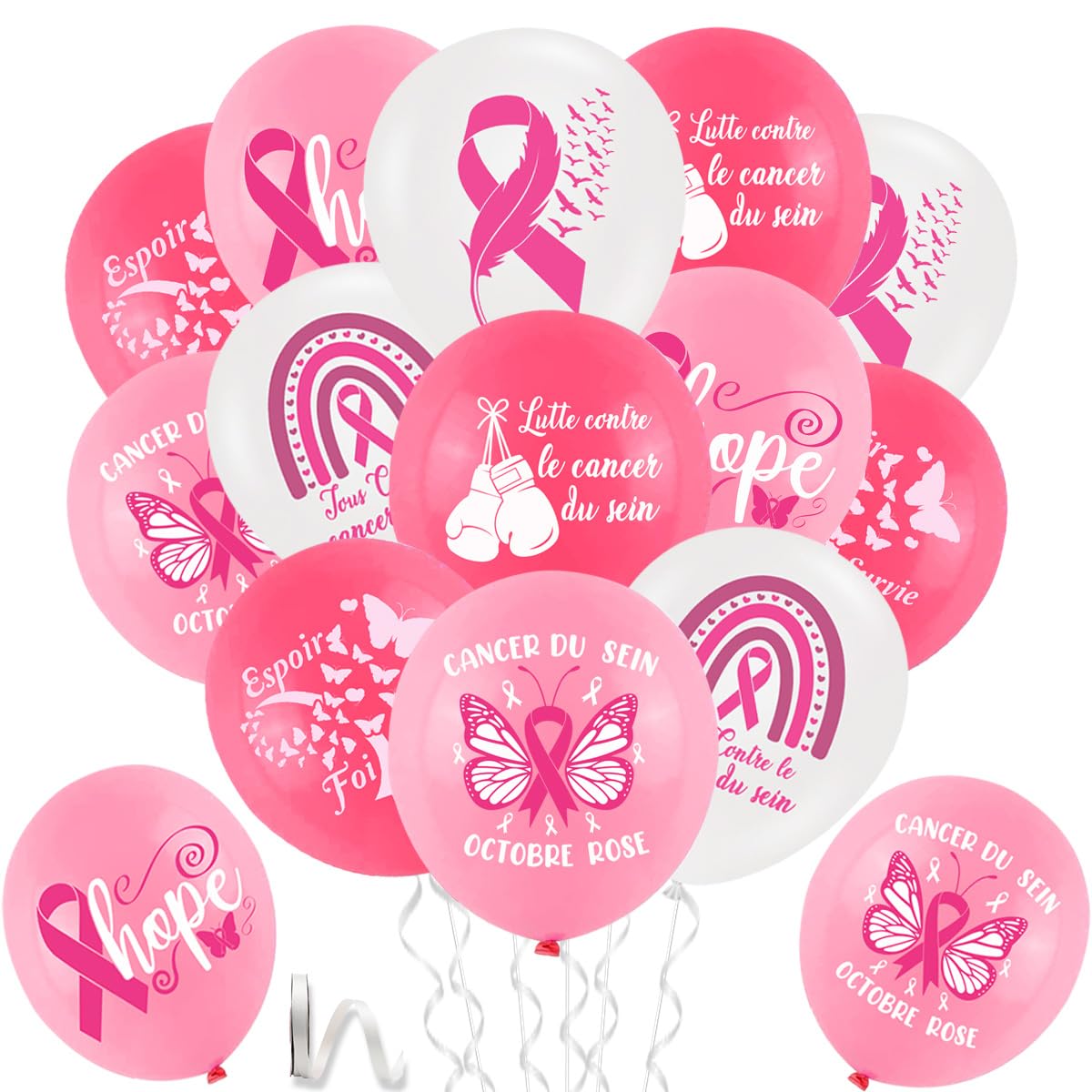 30 Pièces Ballons Rose Cancer Du Sein,Ballon De Sensibilisation De Cancer Sein,Octobre Rose Decoration,Cancer Du Sein Ballon,Ballons Ruban