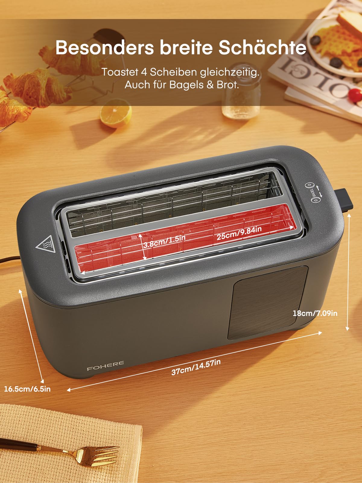 Toaster 4 Scheiben, 1400W Edelstahl Langschlitz Toaster, 9 Farbeinstellungen und 3 Brotsorten, Abbruch/Auftau/Aufwärmfunktion,Touchscreen Bedienung, mit Brötchenaufsatz, Grau