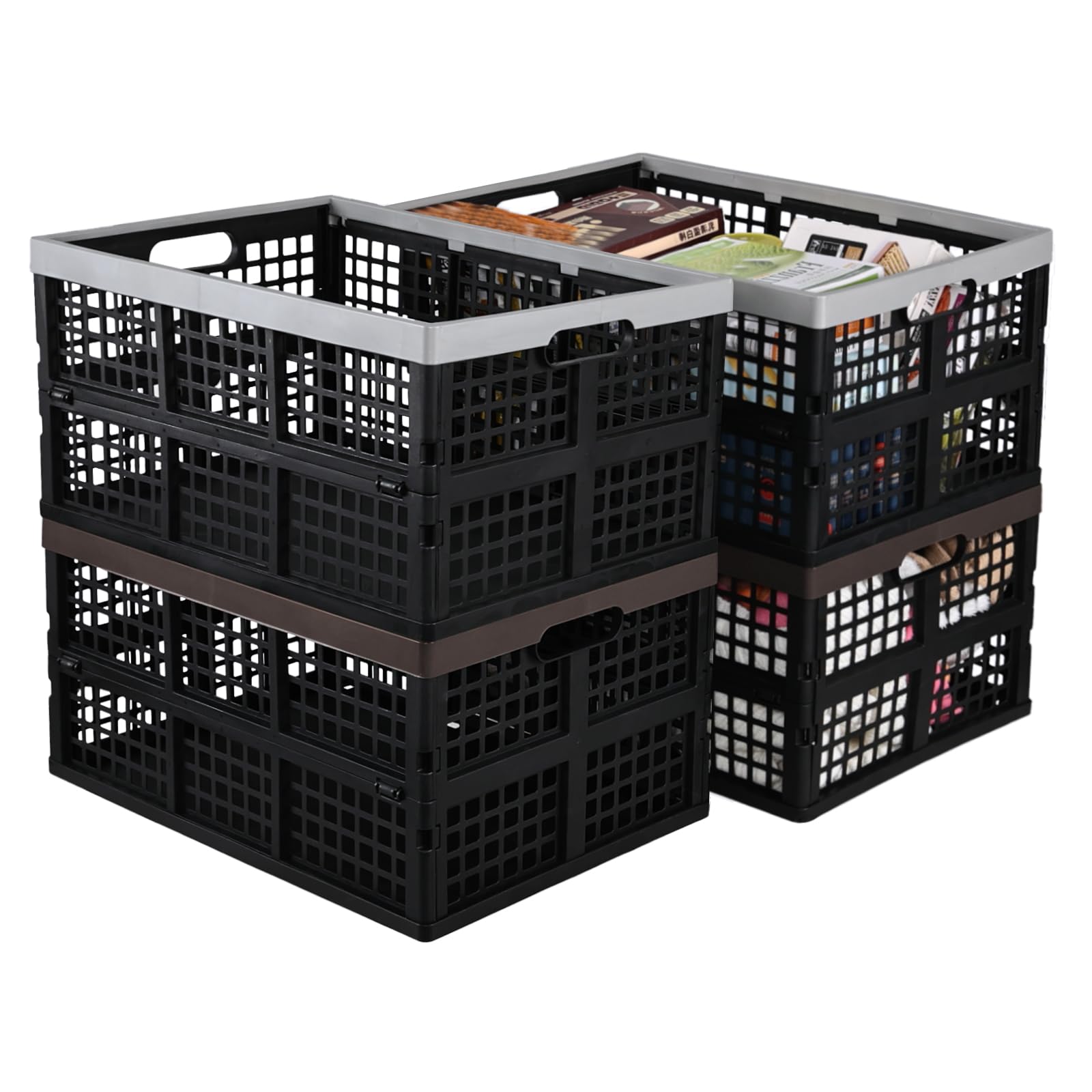 Caisses de rangement pliables Gloreen de 42L | Lot de 4 bacs plastiques gris