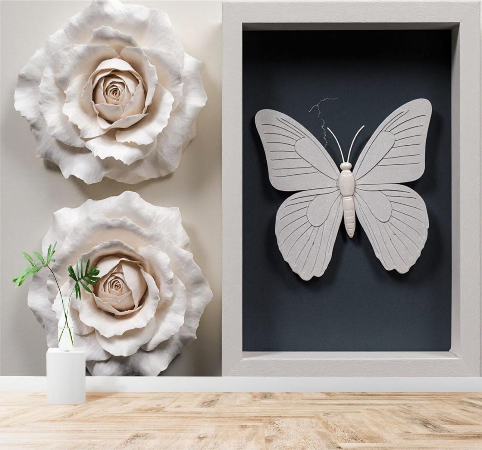 XLMING Three Dimensional Creative Elegant White Rose Butterfly 3D Wallpaper Silky Texture Home Study Office Grey Dining Room Sofa Bedroom Living Room TV Backdrop-430cm×300cm
