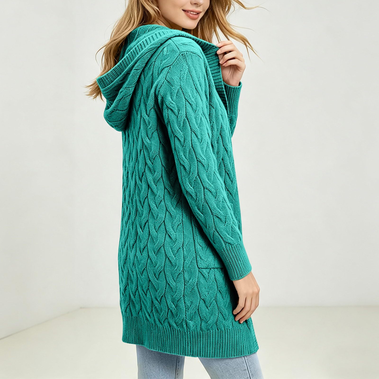 Cardigan Femme Capuche Torsadé Long Boutonné Chaud Chic Mode Casual